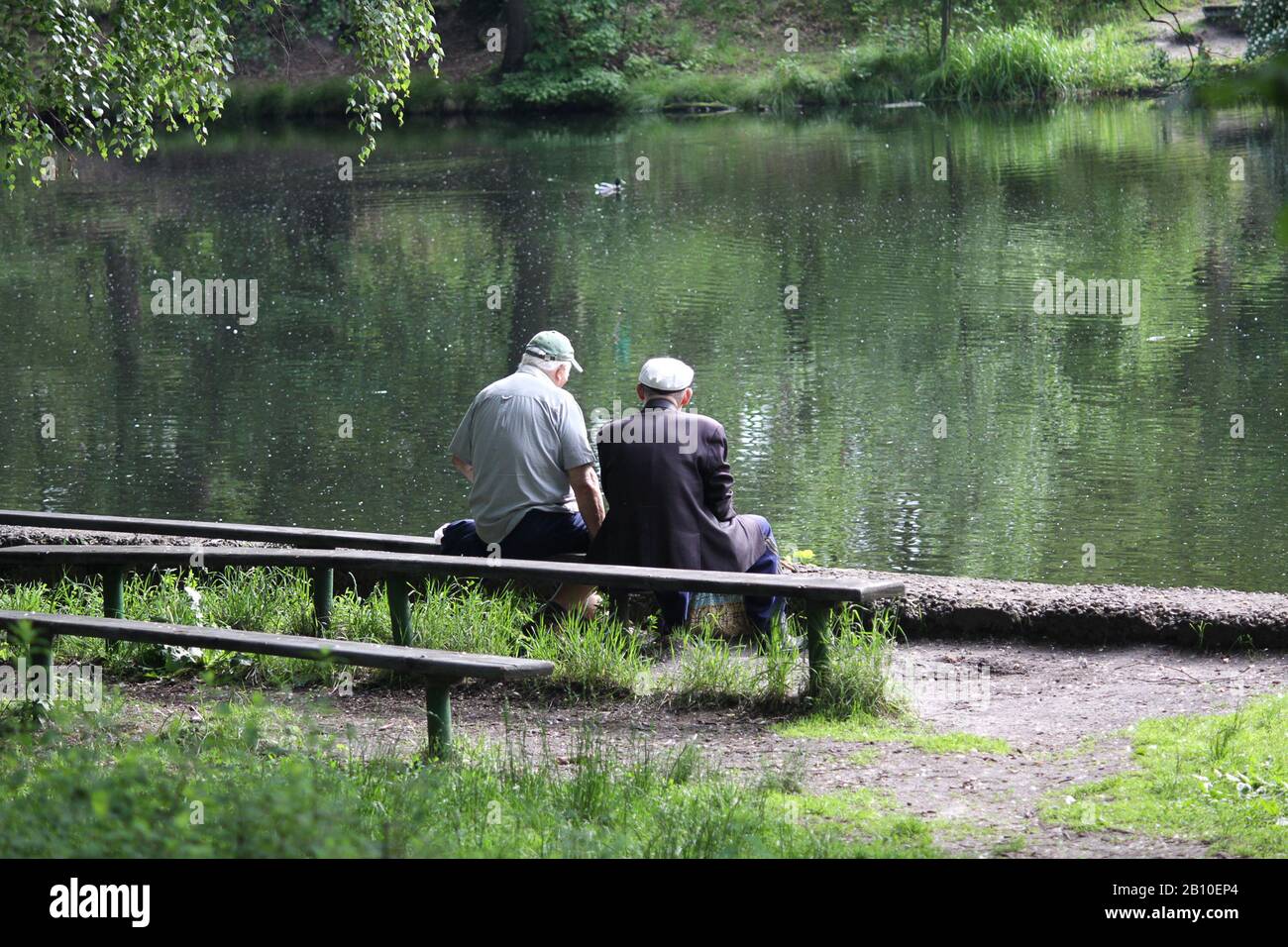 Two elderly men on a bench near a pond. People Stock Photo