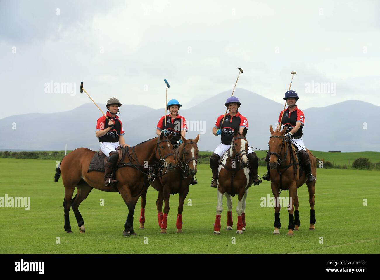 Tyrella House Polo players (left to rigth) Jamie McCarthy, Nicky Wilson, Richard Suitor and Paul Donnelly, at Tyrella House, County Down, Monday June3rd, 2019. Stock Photo