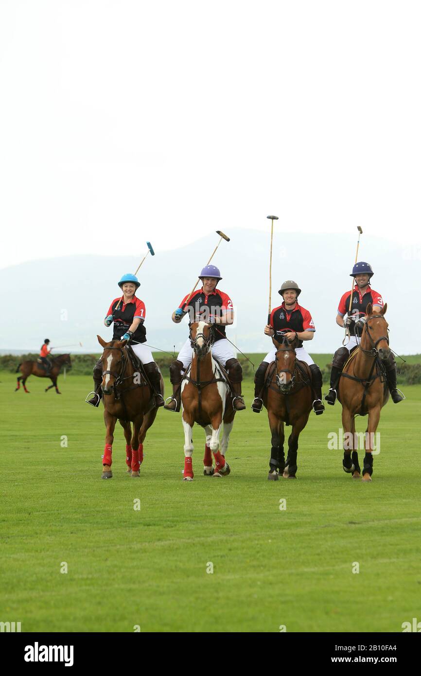 Tyrella House Polo players Nicky Wilson, Richard Suitor, Jamie McCarthy and Paul Donnelly, at Tyrella House, County Down, Monday June3rd, 2019. Stock Photo