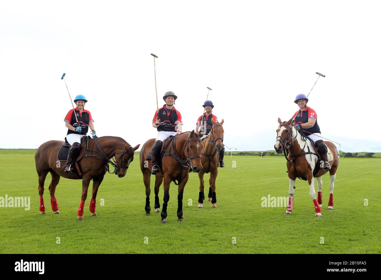 Tyrella House Polo players (from left to right) Nicky Wilson, Jamie McCarthy, Paul Donnelly and Richard Suitor, at Tyrella House, County Down, Monday June3rd, 2019. Stock Photo