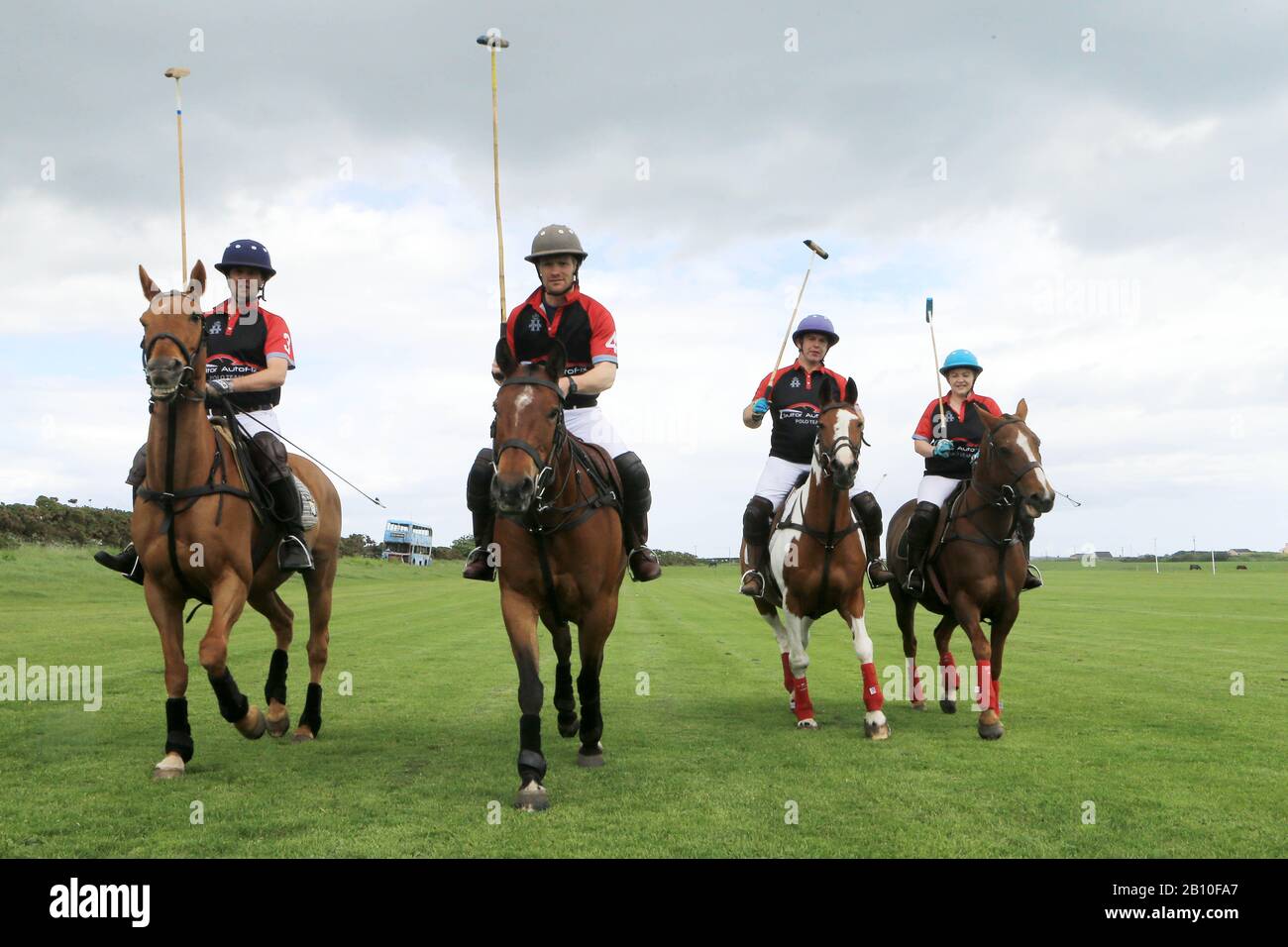 Tyrella House Polo players Paul Donnelly, Jamie McCarthy, Richard Suitor and Nicky Wilson at Tyrella House, County Down, Monday June3rd, 2019. Stock Photo