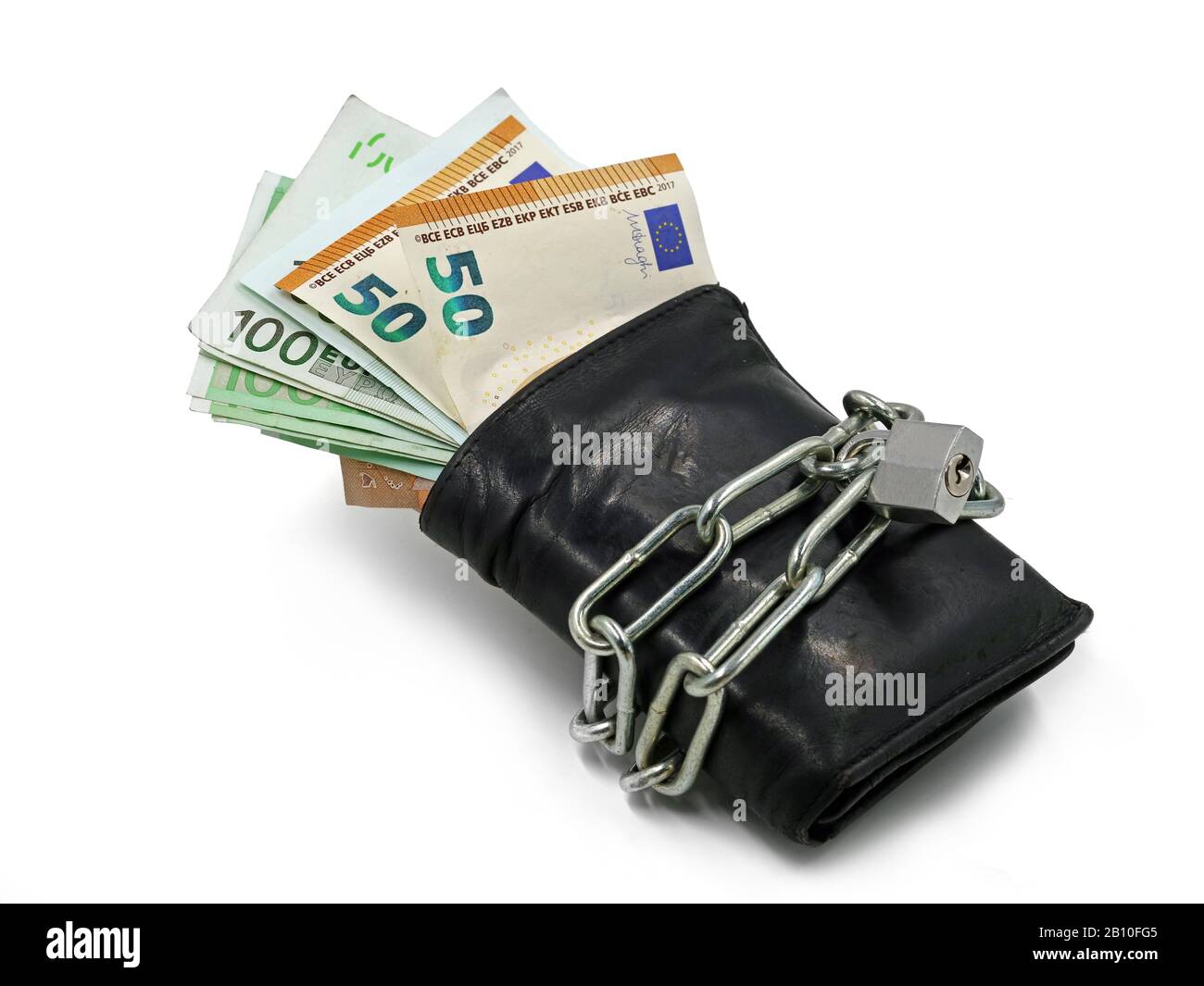 black wallet with euro banknotes locked with chain and padlock isolated on white background Stock Photo