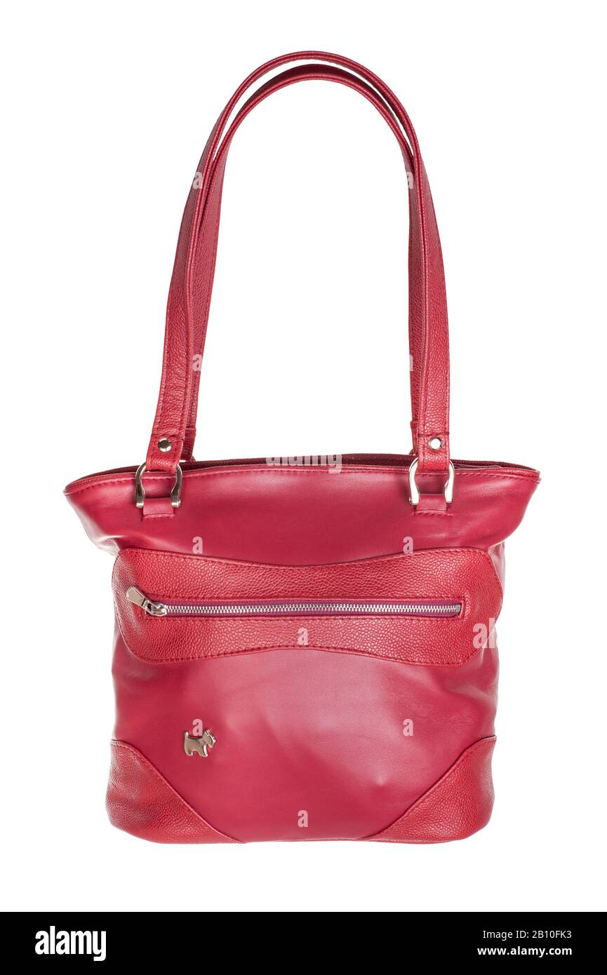 closed handmade red leather handbag isolated on white background Stock Photo