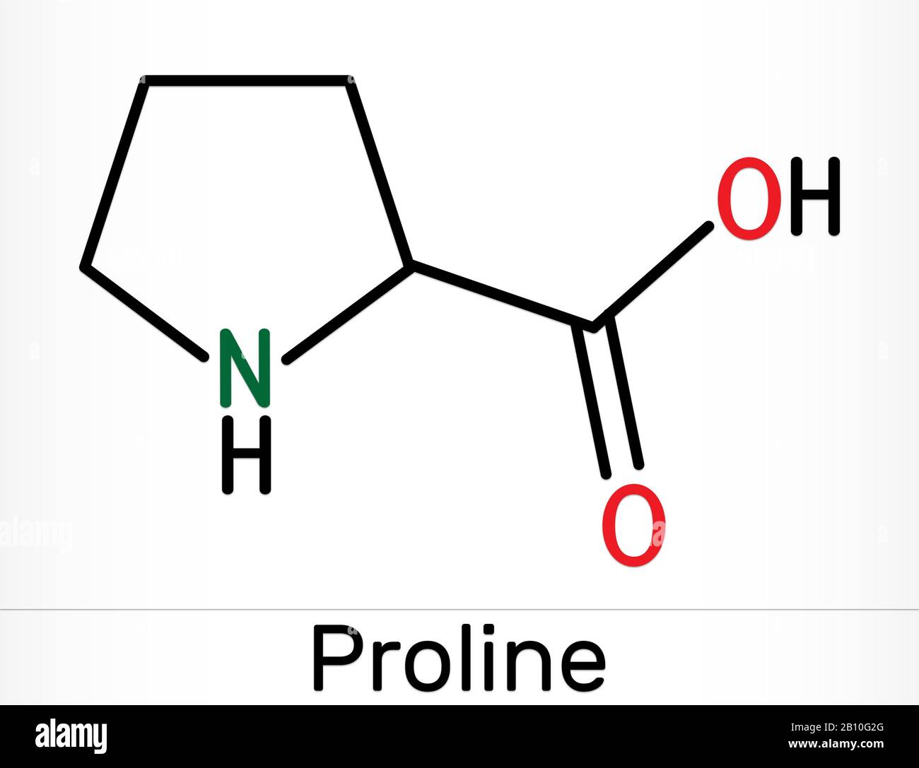 Proline, L - proline, Pro proteinogenic amino acid molecule.  Skeletal chemical formula. Illustration Stock Photo