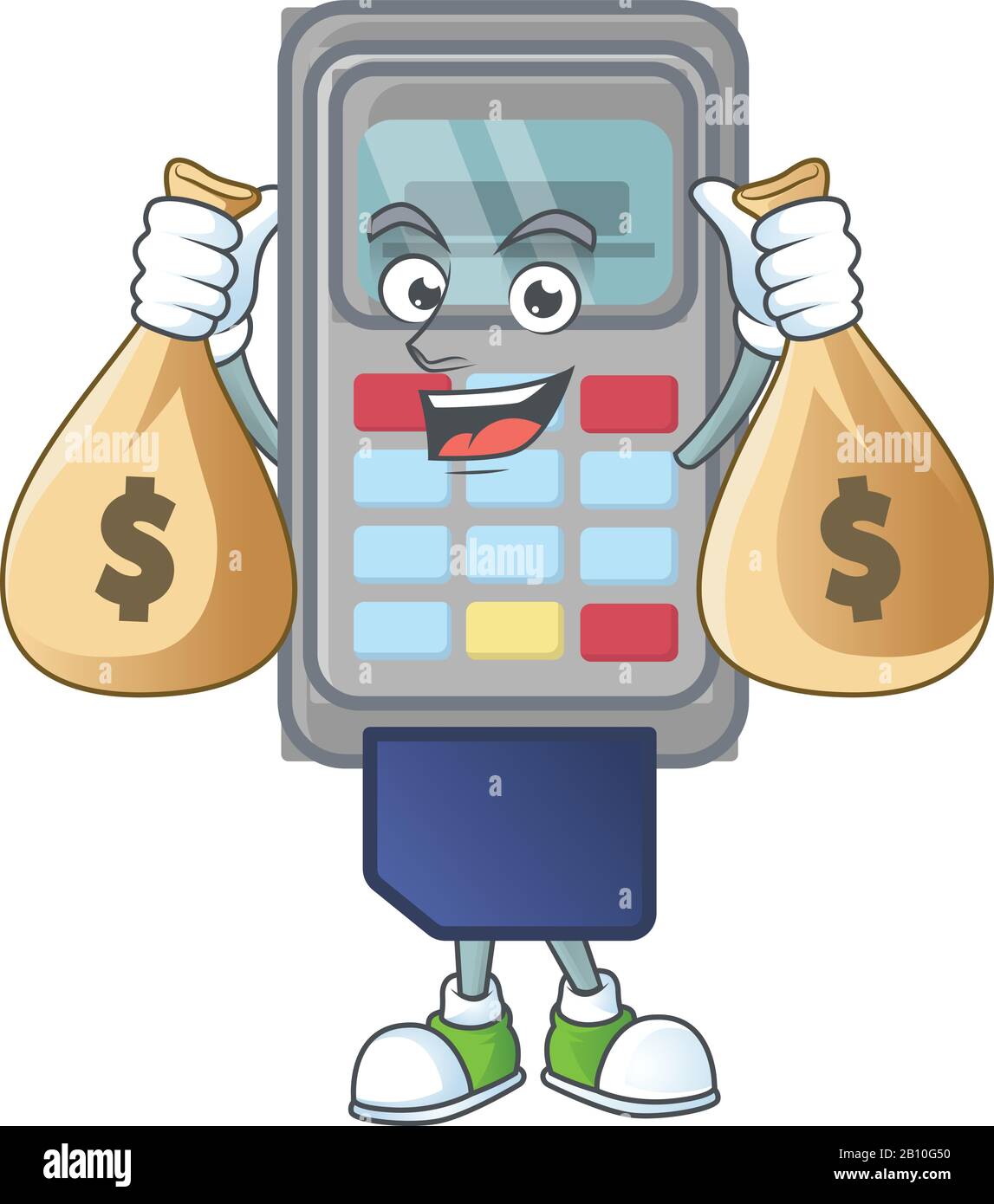 A cute image of POS machine cartoon character holding money bags Stock  Vector Image & Art - Alamy
