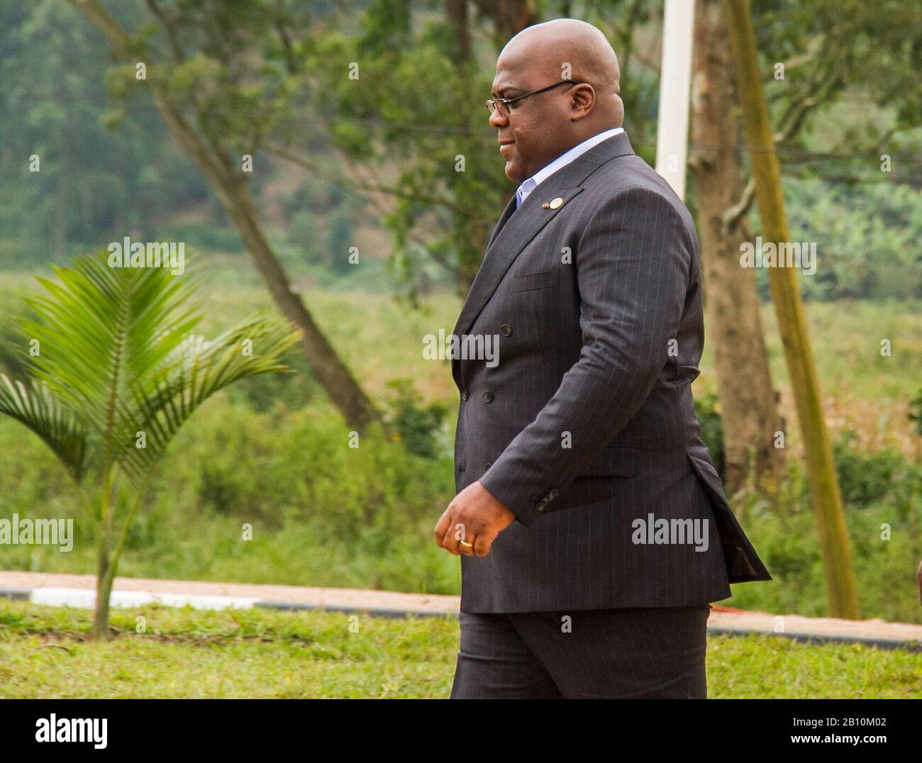 Kampala. 21st Feb, 2020. President of the Democratic Republic of Congo Felix Tshisekedi arrives at the Gatuna-Katuna border crossing between Rwanda and Uganda for a meeting, on Feb. 21, 2020. The two countries on Friday signed an extradition treaty to ease tension as a common border between the two neighboring countries remains closed for over a year. The treaty, according to the communique issued at the end of the meeting has a legal framework to handle alleged subversive activities practiced by nationals in the territory of the other party. Credit: Cyril Ndegeya/Xinhua/Alamy Live News Stock Photo