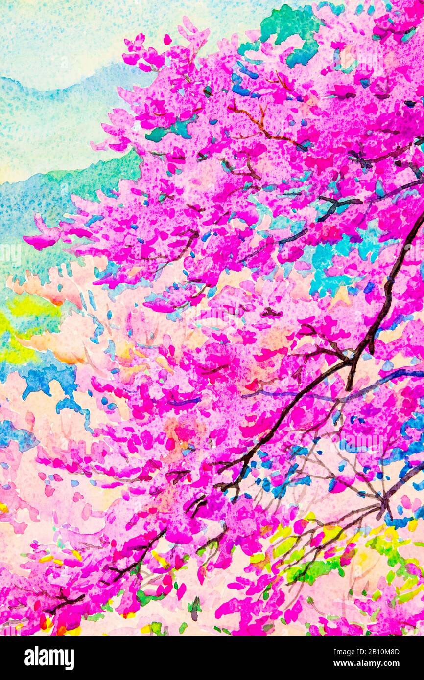 Painting  landscape watercolor original  colorful of wild  himalayan cherry on the beautyful mountain rang and emotion in blue sky background Stock Photo