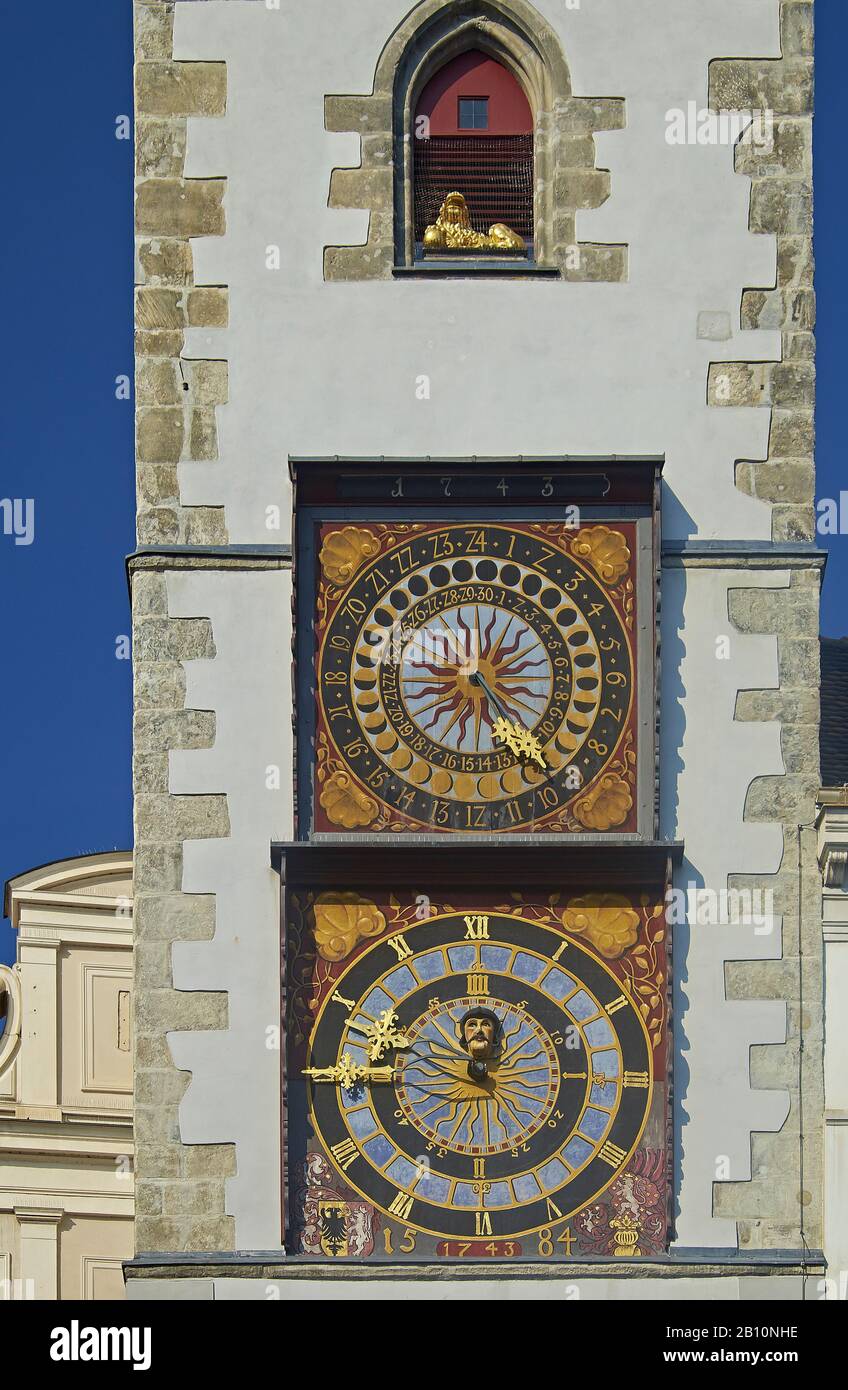 Town hall clocks at the Altes Rathaus on the Untermarkt of Görlitz, Saxony, Germany Stock Photo