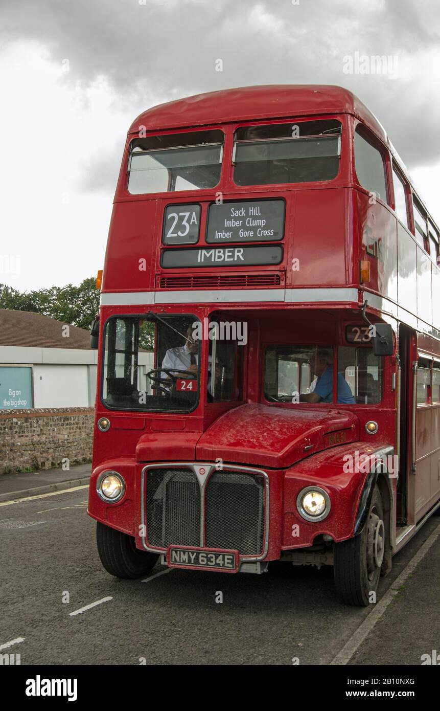 Warminster, UK - August 17, 2019: A vintage red routemaster bus parked in Warminster, Wiltshire.  The 23A route only runs once a year taking visitors Stock Photo