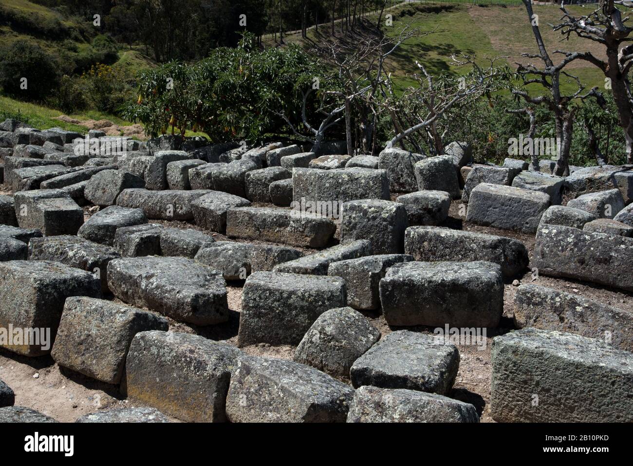 This carved stones have been used for the construction of Ingapirca which are the most important Inca ruins in Ecuador. Stock Photo