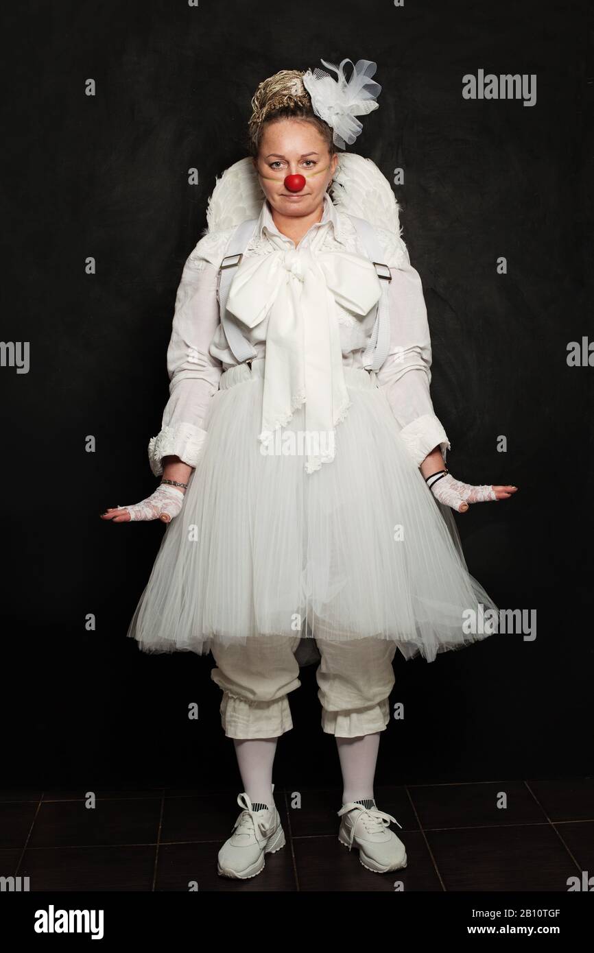 Actress woman clown, White Clown Character Stock Photo