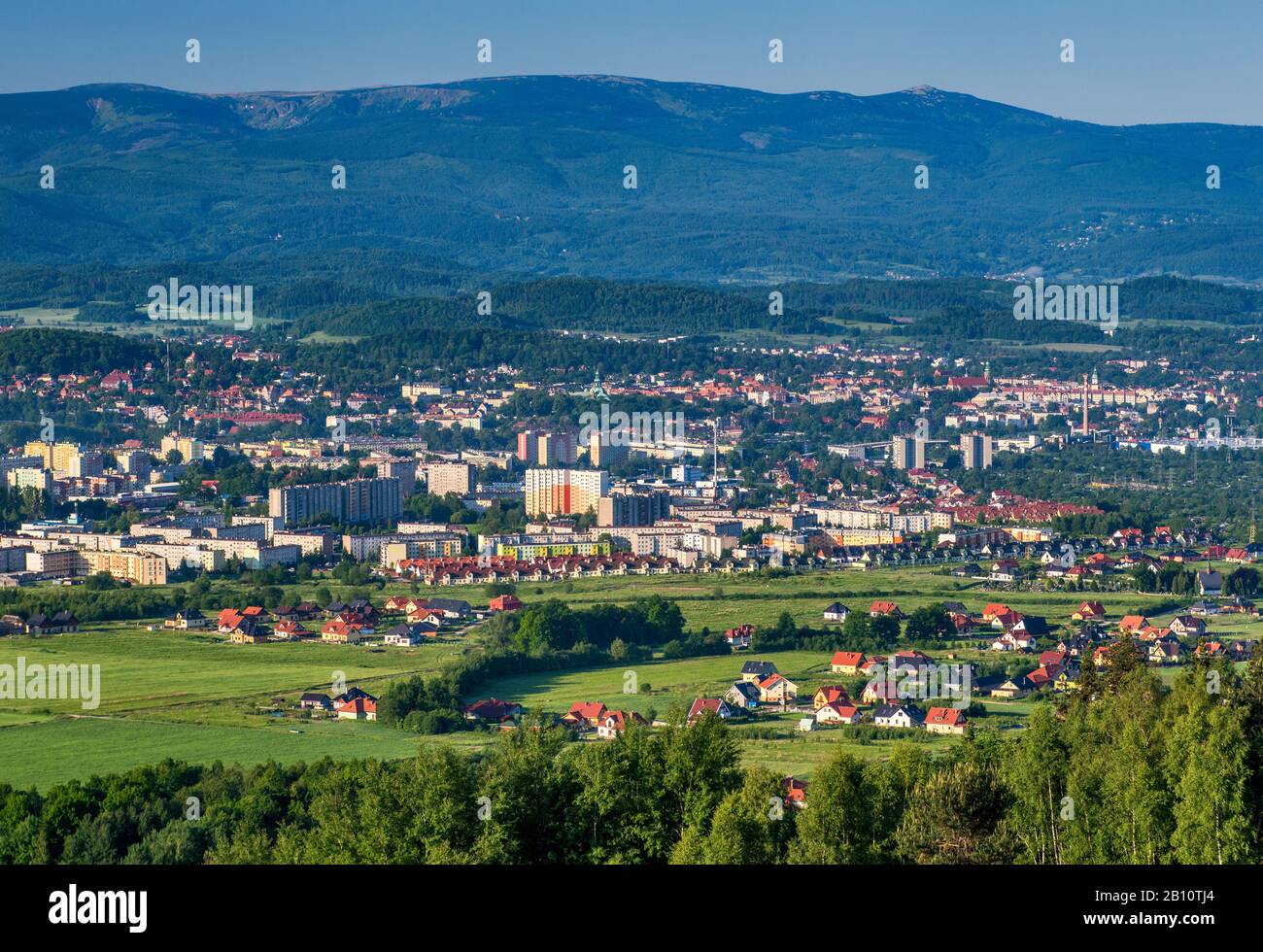 View of Jelenia Gora from Gora Szybowcowa or Glider Mountain, Karkonosze mountain range in distance, Jelenia Gora, Lower Silesia, Poland Stock Photo