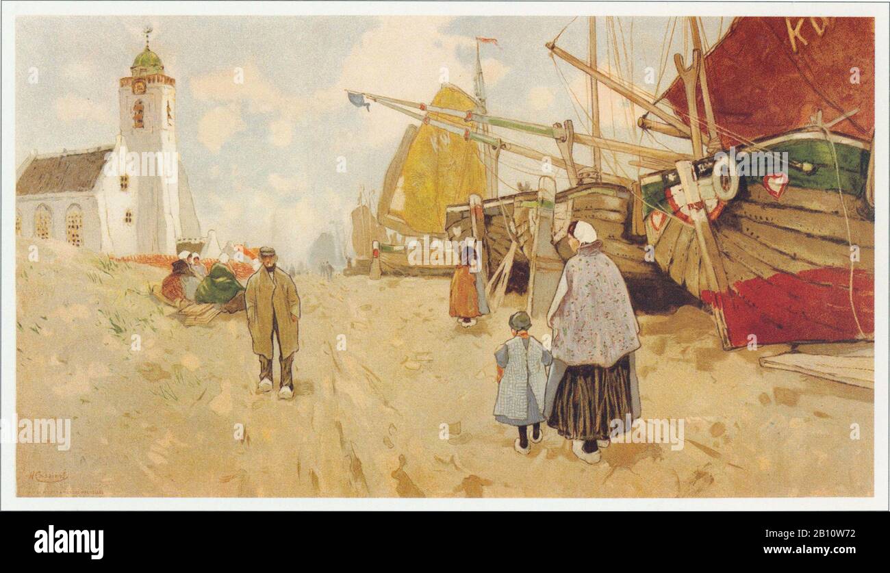 Katwijk strand schepen - Illustration by Henri Cassiers (1858 - 1944) Stock Photo