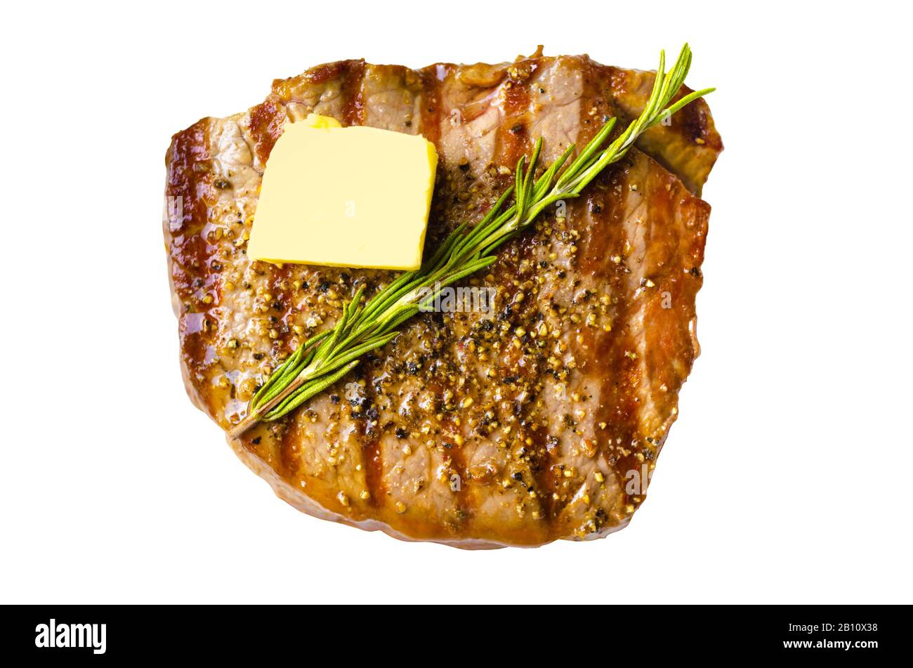 Grilled BBQ steak with butter and rosemary sprig, isolated on white