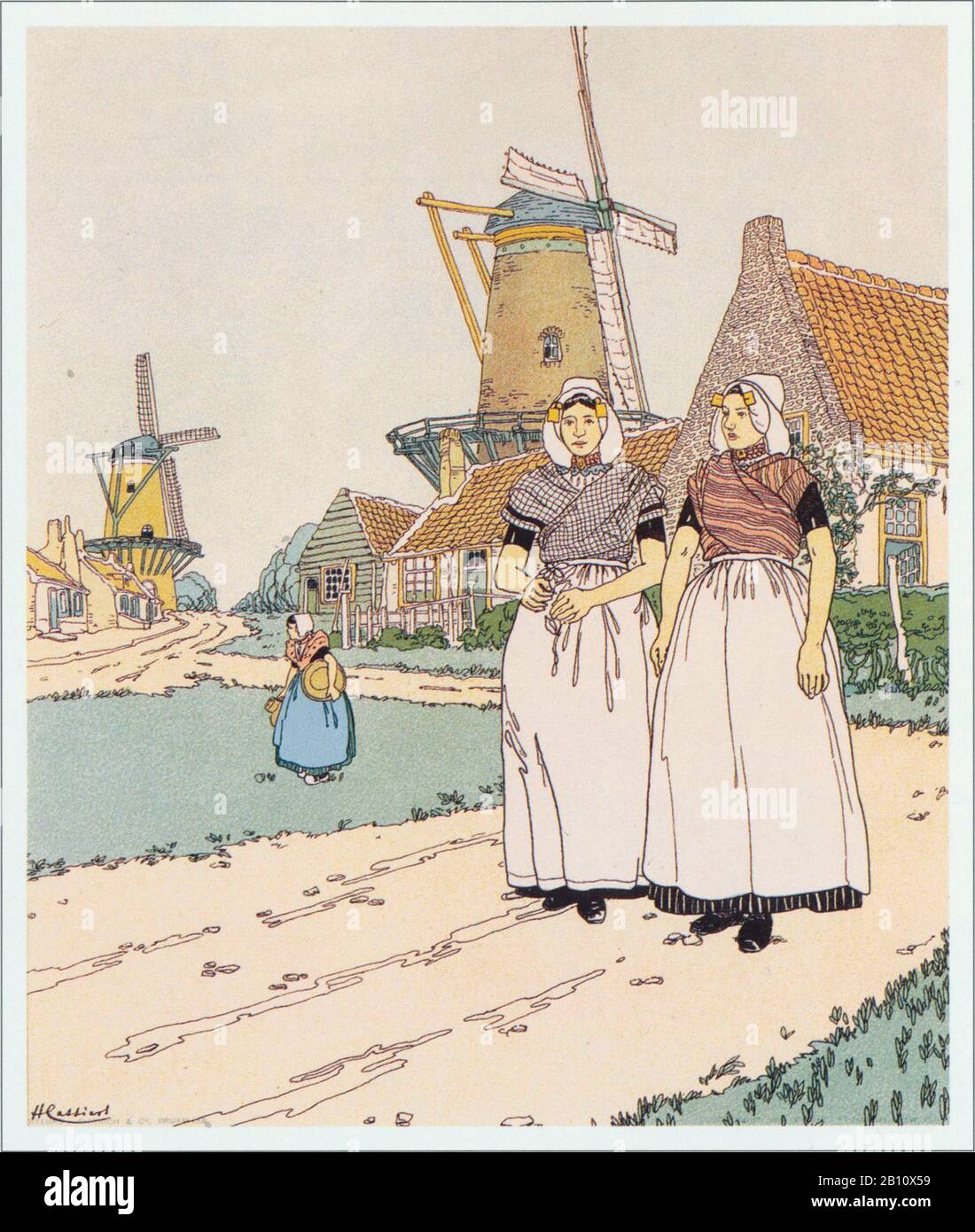 Zeeland molens - Illustration by Henri Cassiers (1858 - 1944) Stock Photo
