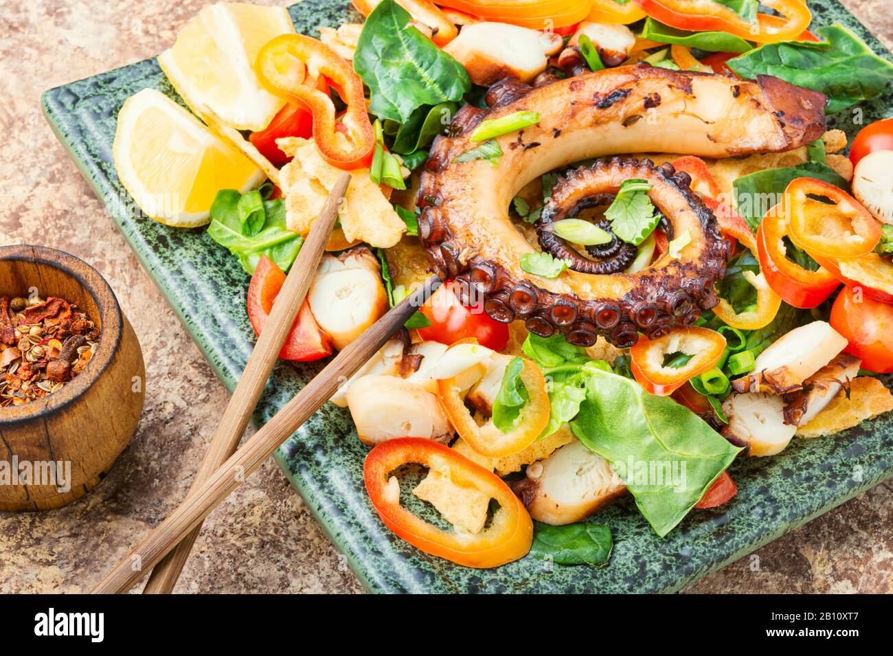 Thai salad with grilled octopus and fresh vegetables.Fresh healthy