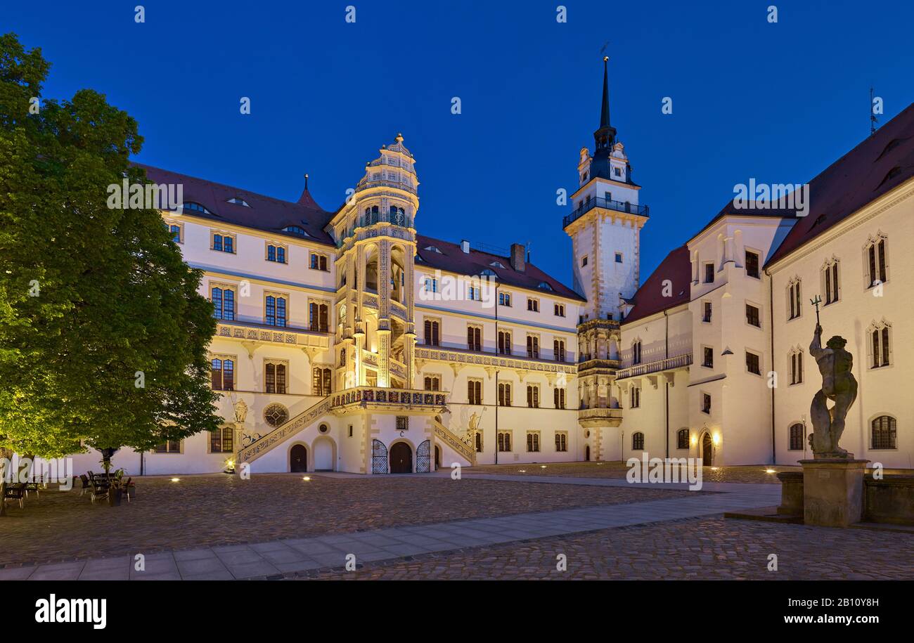 Courtyard of Schloss Hartenfels with Johann-Friedrich-Bau, Großem Wendelstein and Hausmannsturm, Torgau, Saxony, Germany Stock Photo
