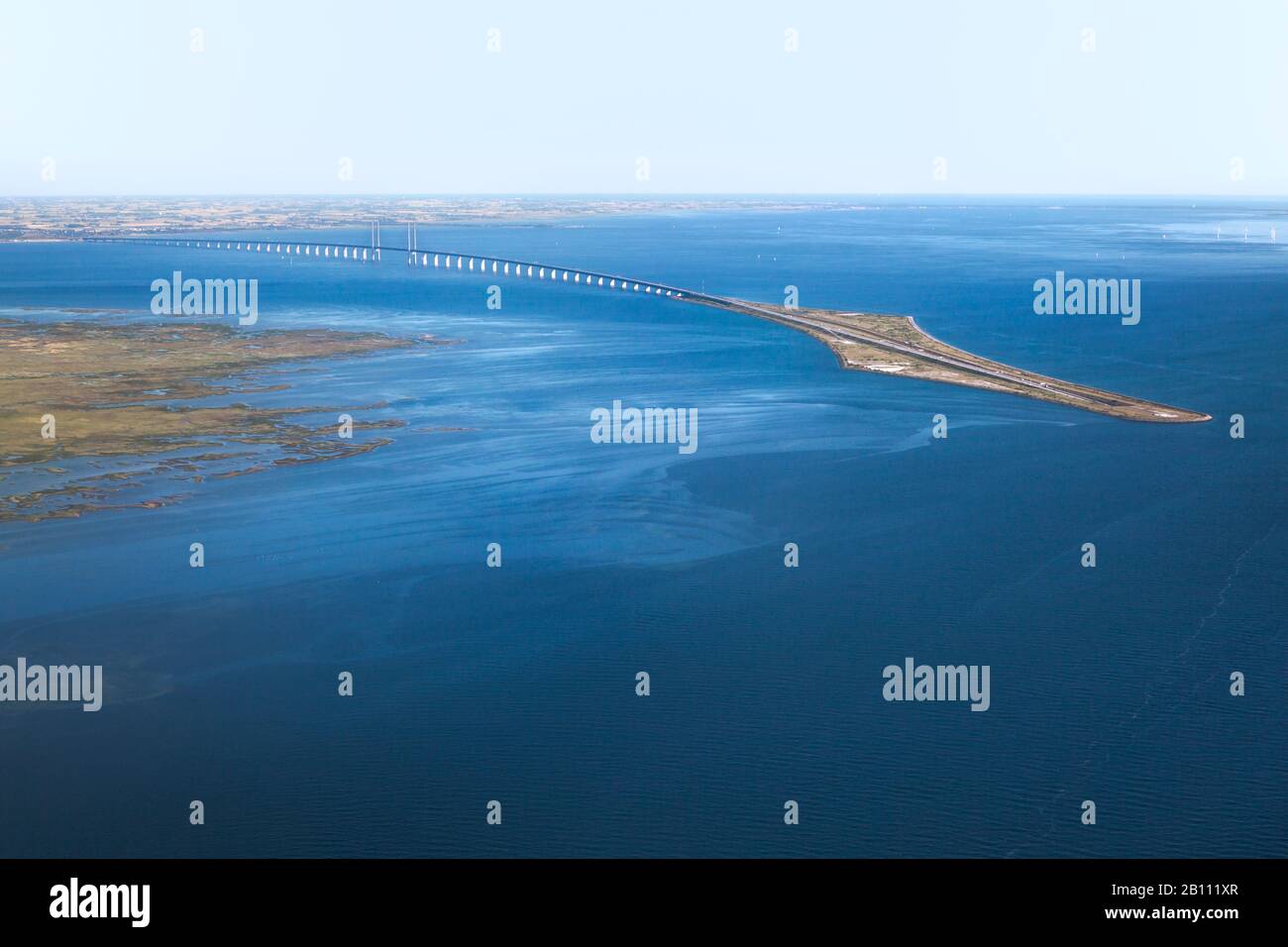 Aerial view of the Øresund Bridge with the Drogden tunnel, transport connection between Copenhagen in Denmark and Malmo in Sweden Stock Photo