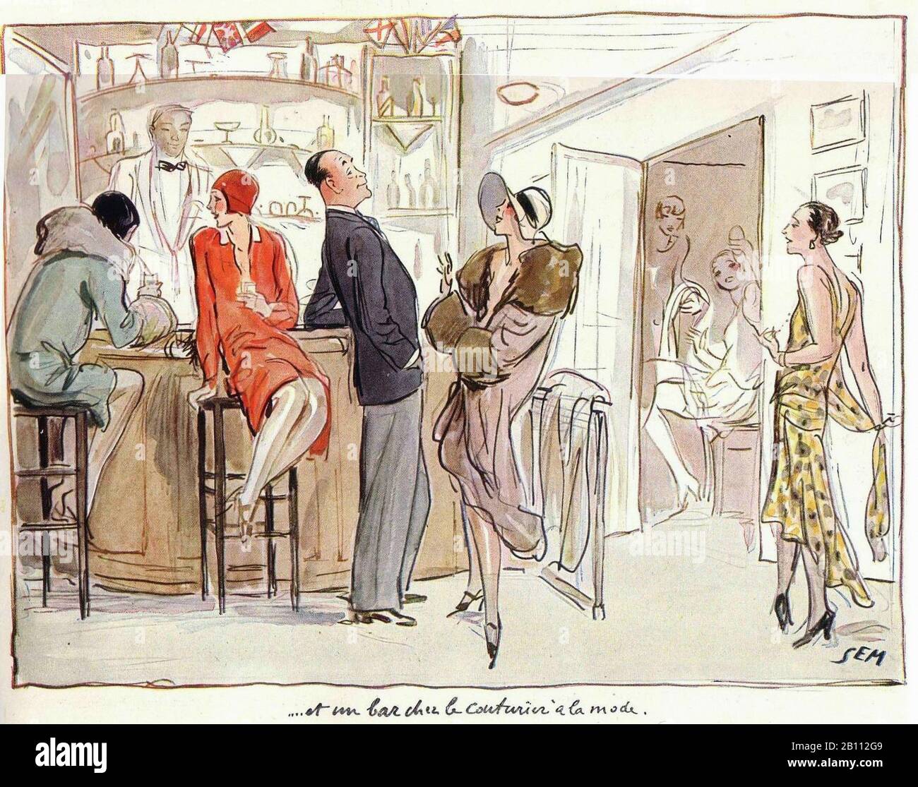 Un bar chez le couturier à la mode -  Illustration by SEM (Georges Goursat 1863–1934) Stock Photo