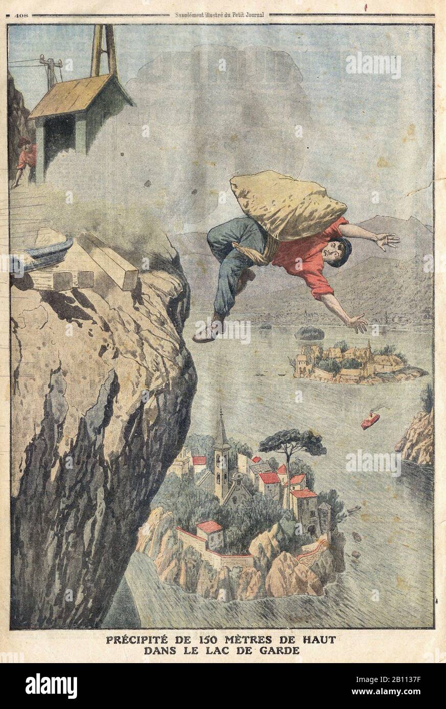 PRÉCIPITÉ DE 150 MÈTRES DE HAUT DANS LE LAC DE GARDE - In "Le Petit Journal" French Illustrated newspaper - Stock Photo