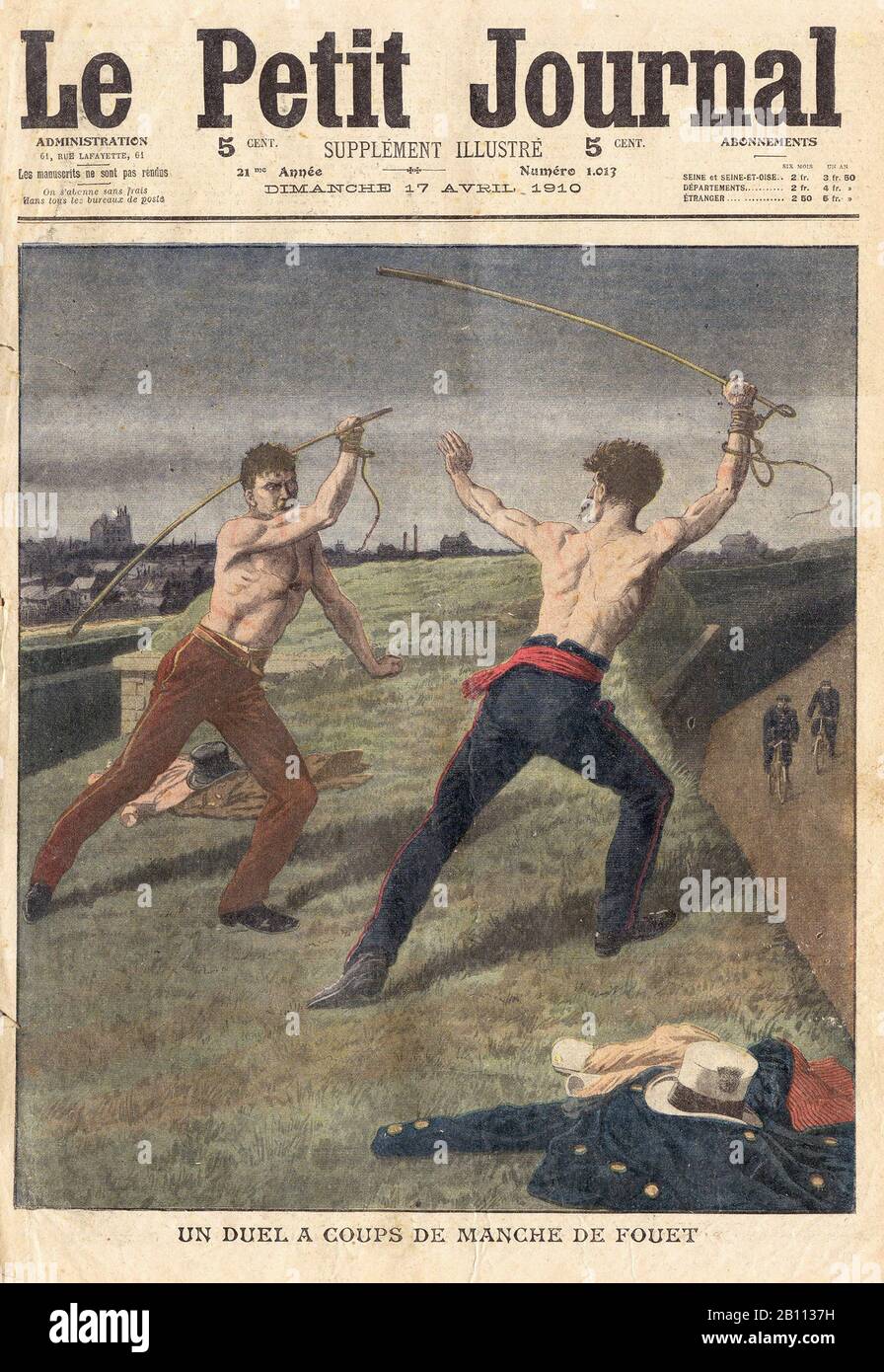 UN DUEL A COUPS DE MANCHE DE FOUET - A DUKE WITH SHOT SLEEVE - In 'Le Petit Journal' French Illustrated newspaper - 1910 Stock Photo