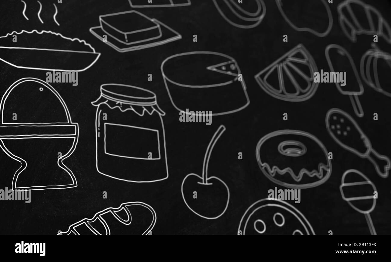 3D Hand drawn doodles food in blackboard with shallow depth of field and focus Stock Photo