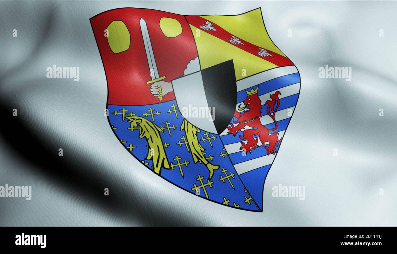 3D Waving France Department Coat of Arms Flag of Moselle Closeup View