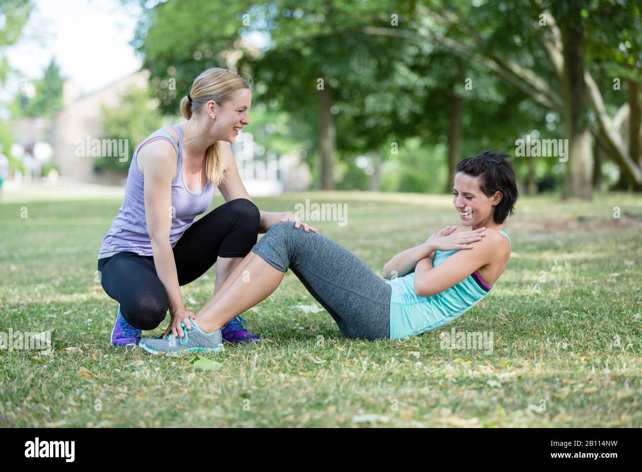 Two women doing strength training Stock Photo