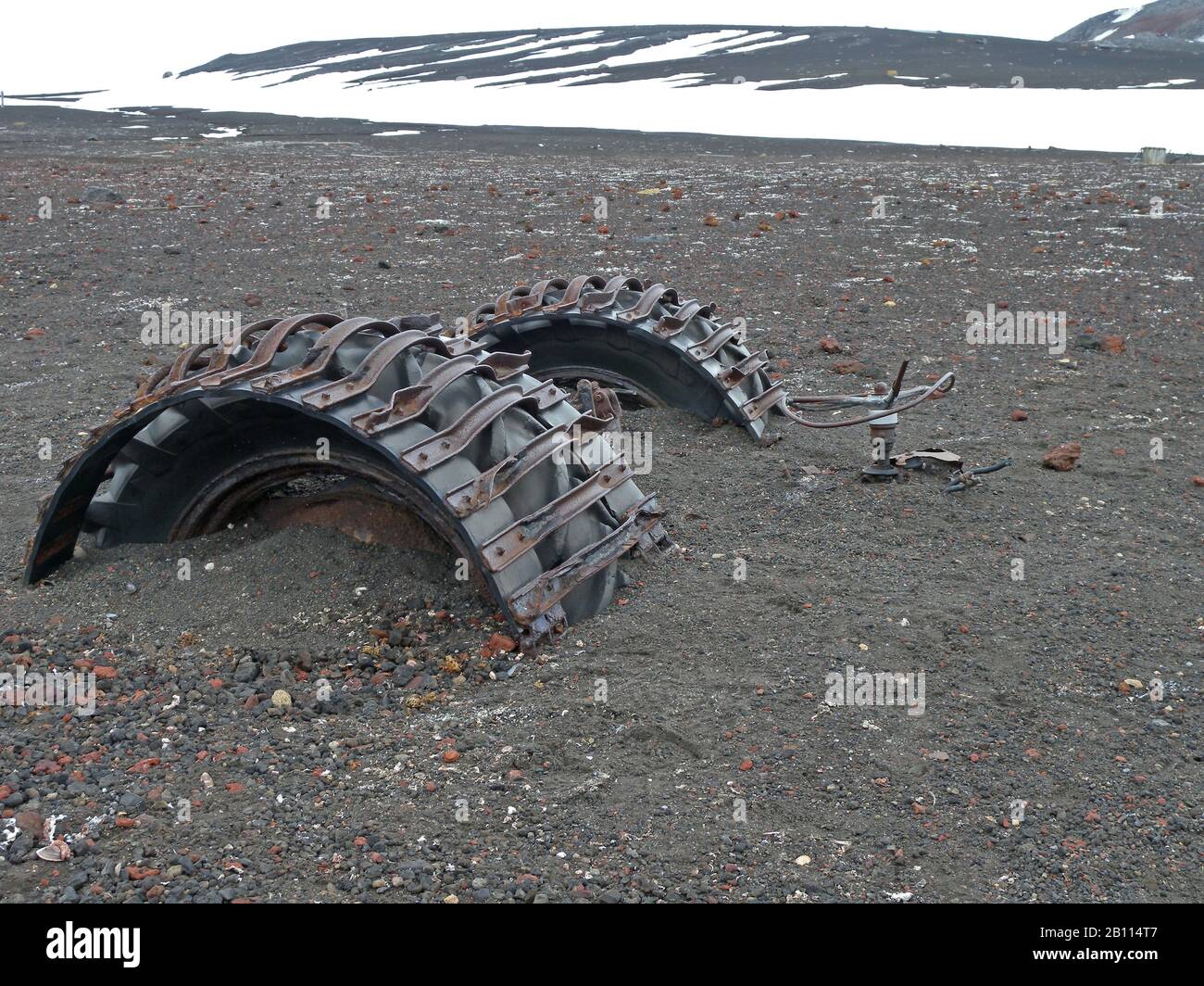 old wheels on beach of Deception Island, Antarctica Stock Photo