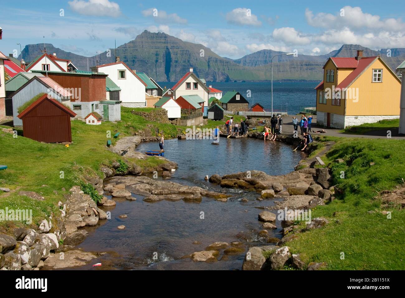 village Gjogv im Daladalur, Denmark, Faroe Islands, Esturoy Stock Photo