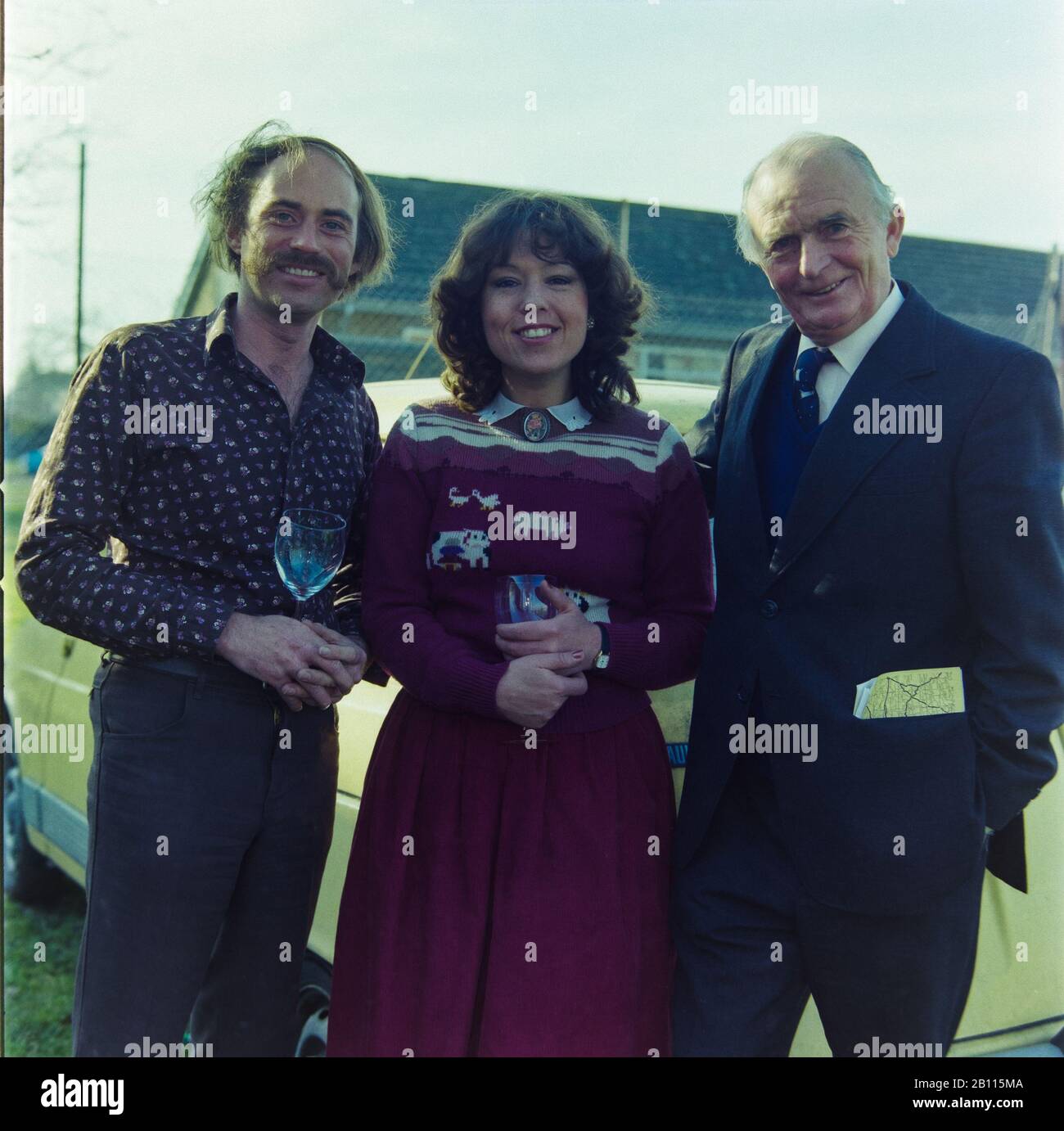 Archive image of Heather Couper (1949-2020), Nigel Henbest, astronomers,  and Reg Turnill (1915-2013), former BBC aerospace correspondent, Braintree Astronomical Society conference, 1985 February 23rd Stock Photo