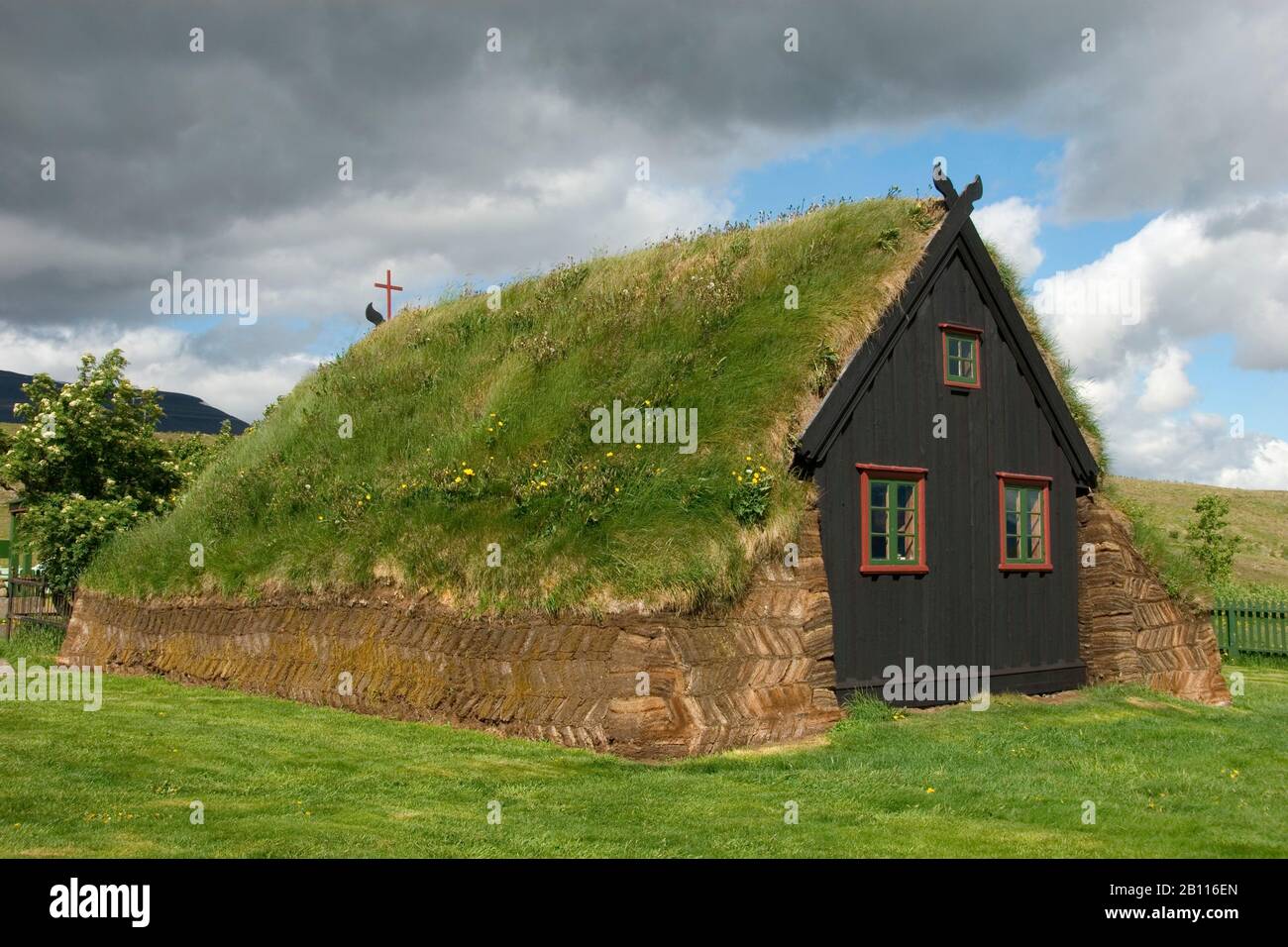 peat church with grass roof near Vidimyri, Iceland, Vidimyri Stock Photo