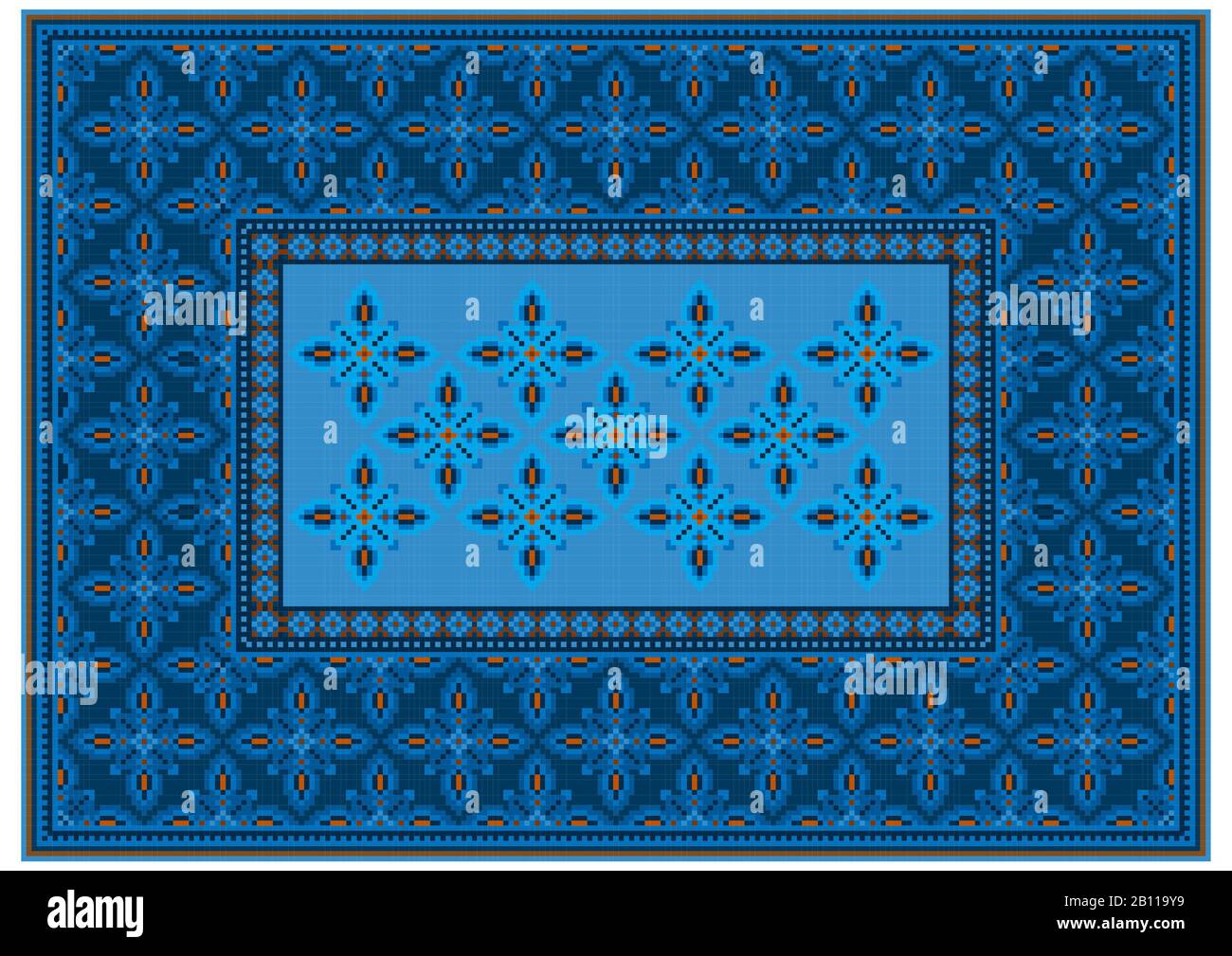 Luxury carpet with ethnic oriental ornament in blue shades and orange ...