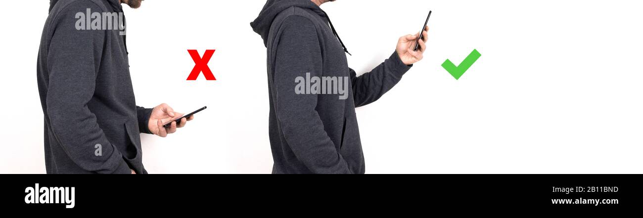 a man with a bad posture having back pain due to a smartphone Stock Photo