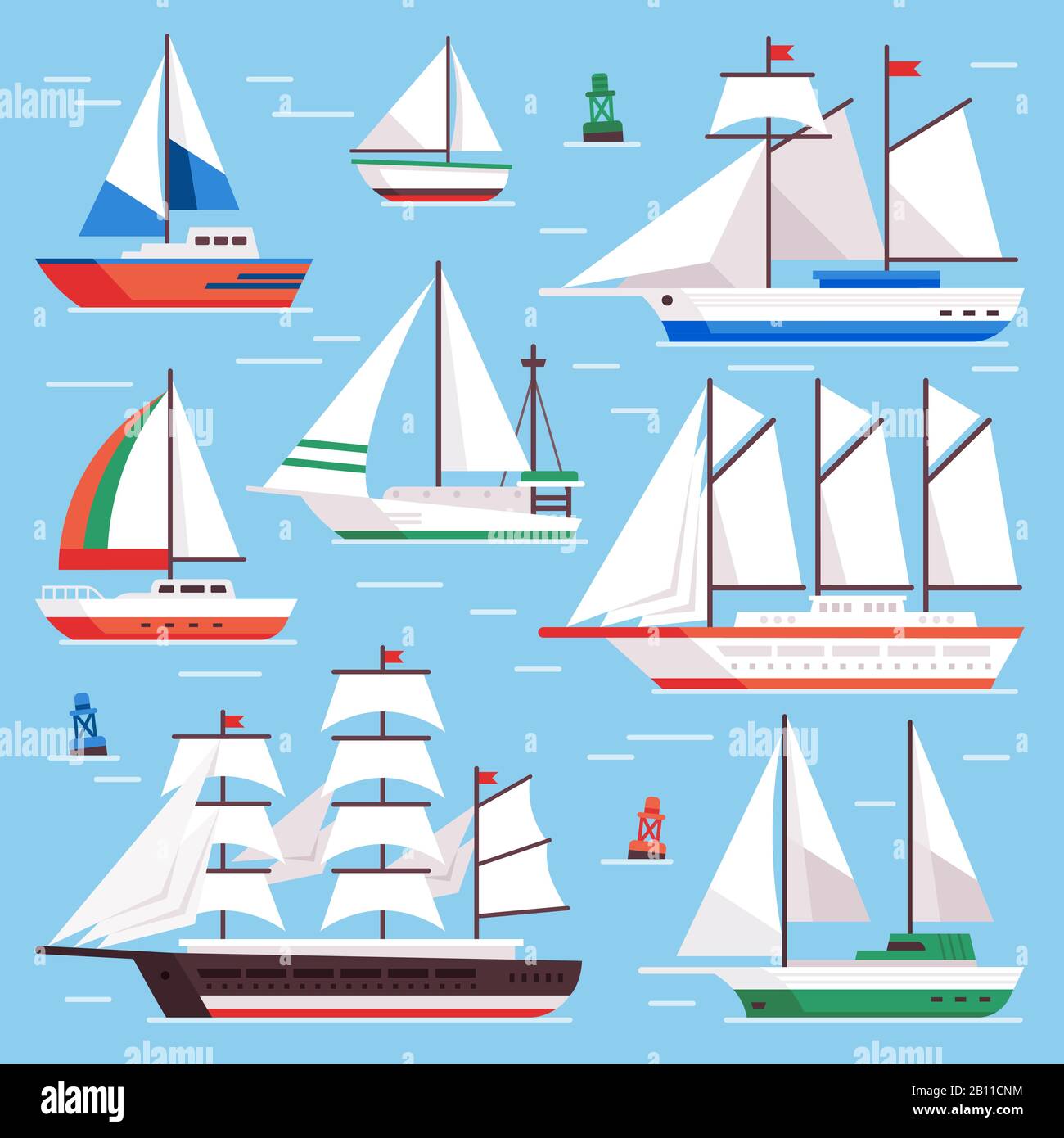 Sail boat. Transportation sailboat for water sailboat race. Flat luxury sailing vector illustration set Stock Vector