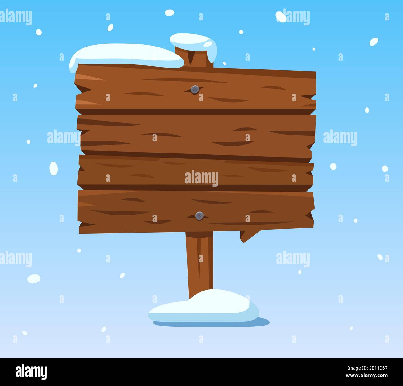 Wooden sign in snow. Christmas winter holidays signpost. Cartoon wood vector sign Stock Vector