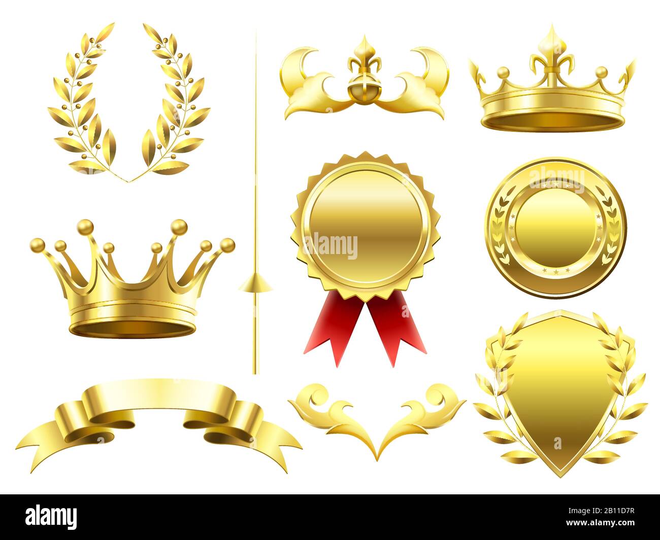 Heraldic 3D elements. Royal crowns and shields. Sport challenge winner gold medal. Laurel wreath and golden crown isolated vector set Stock Vector