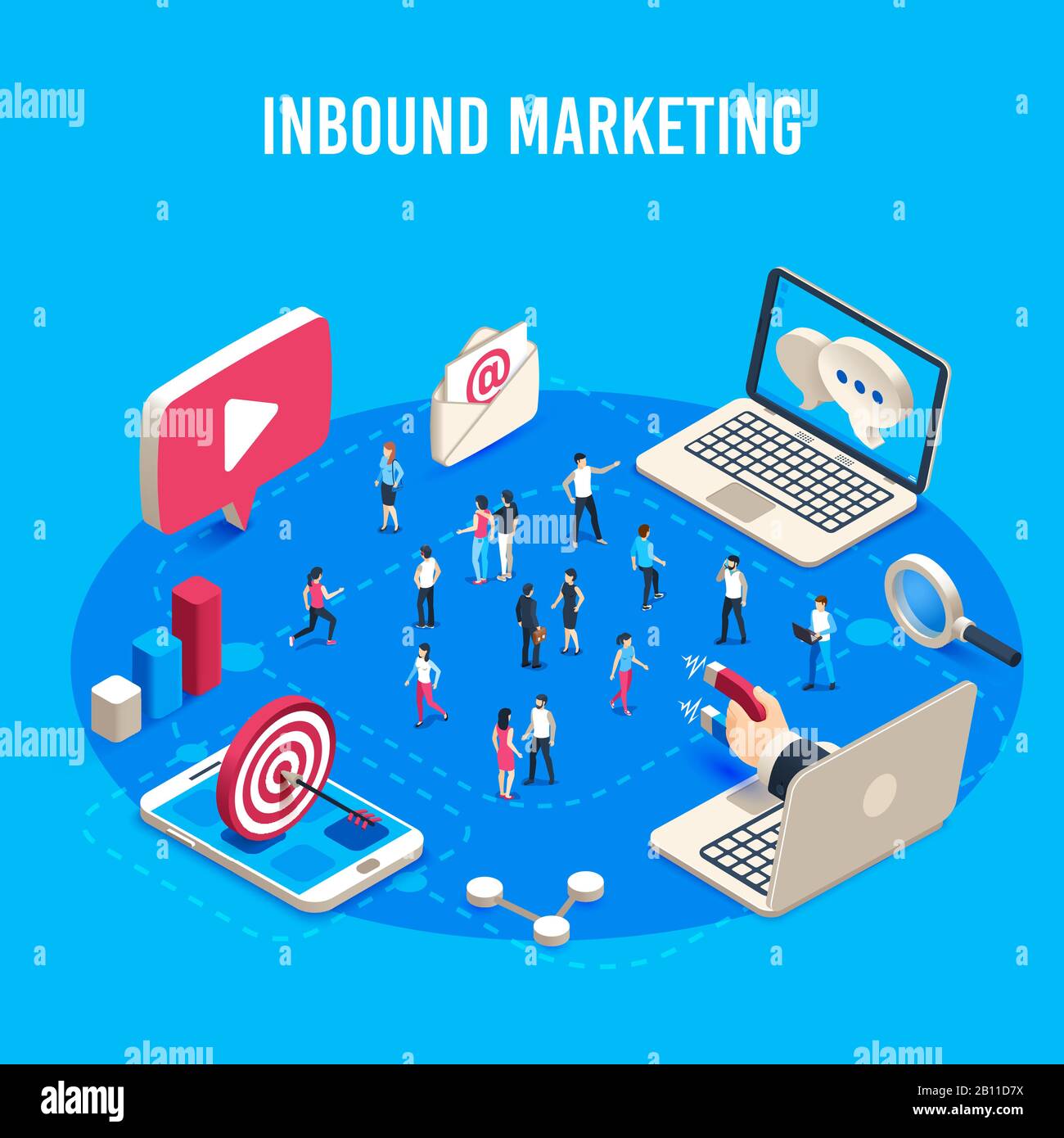 Inbound marketing isometric. Online mass market ads, business target sales ad and offline sale advancement vector concept Stock Vector