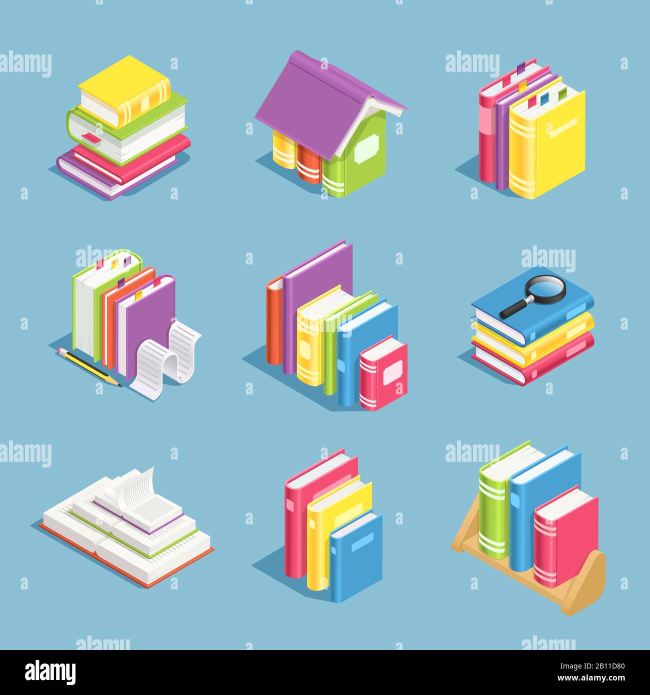 Isometric books. Pile of book, open and closed textbooks. Library and education 3d vector icons Stock Vector