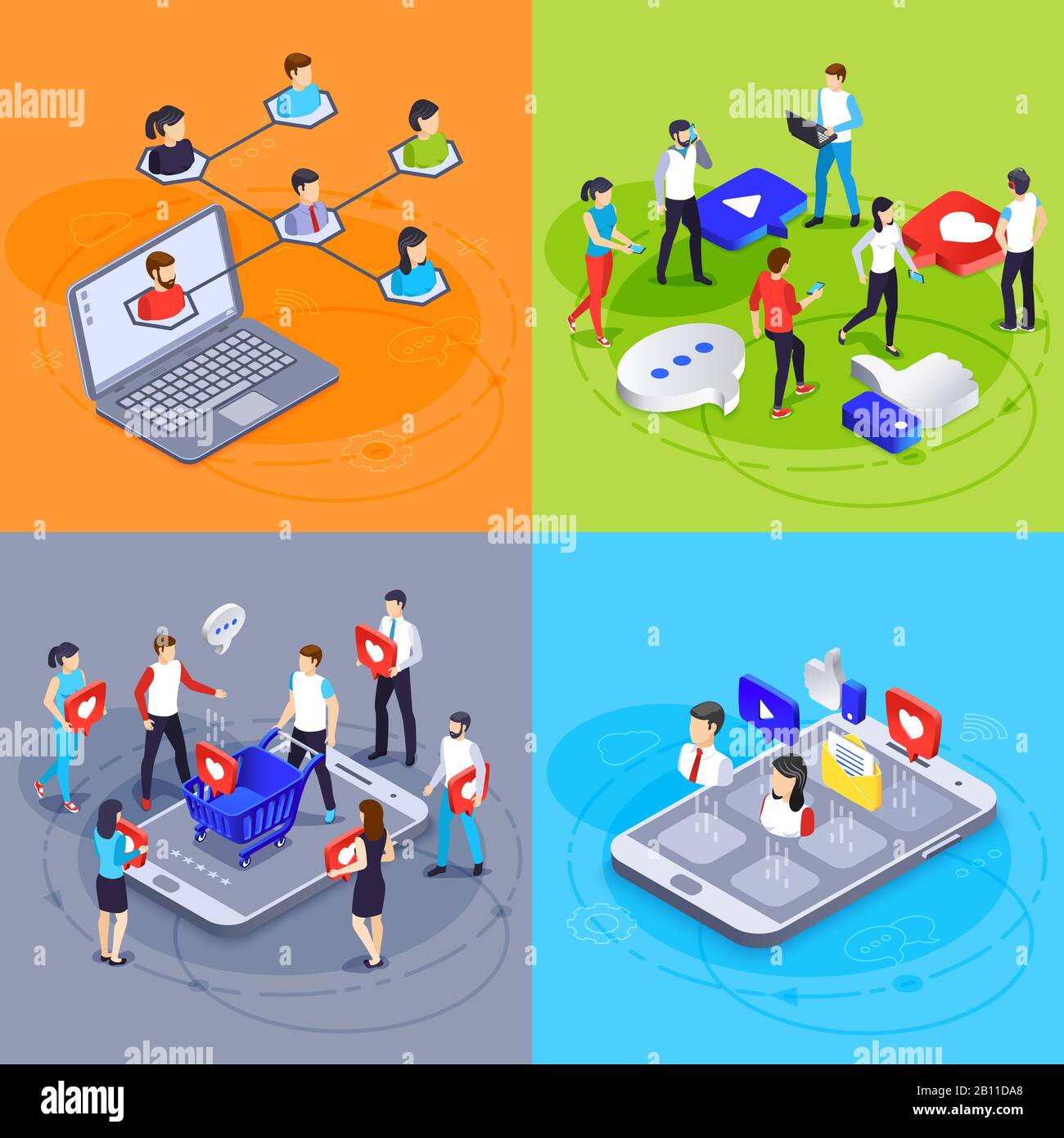 Social media isometric concept. Digital marketing and online advertising agency. Ads hashtag, likes and followers vector illustration Stock Vector