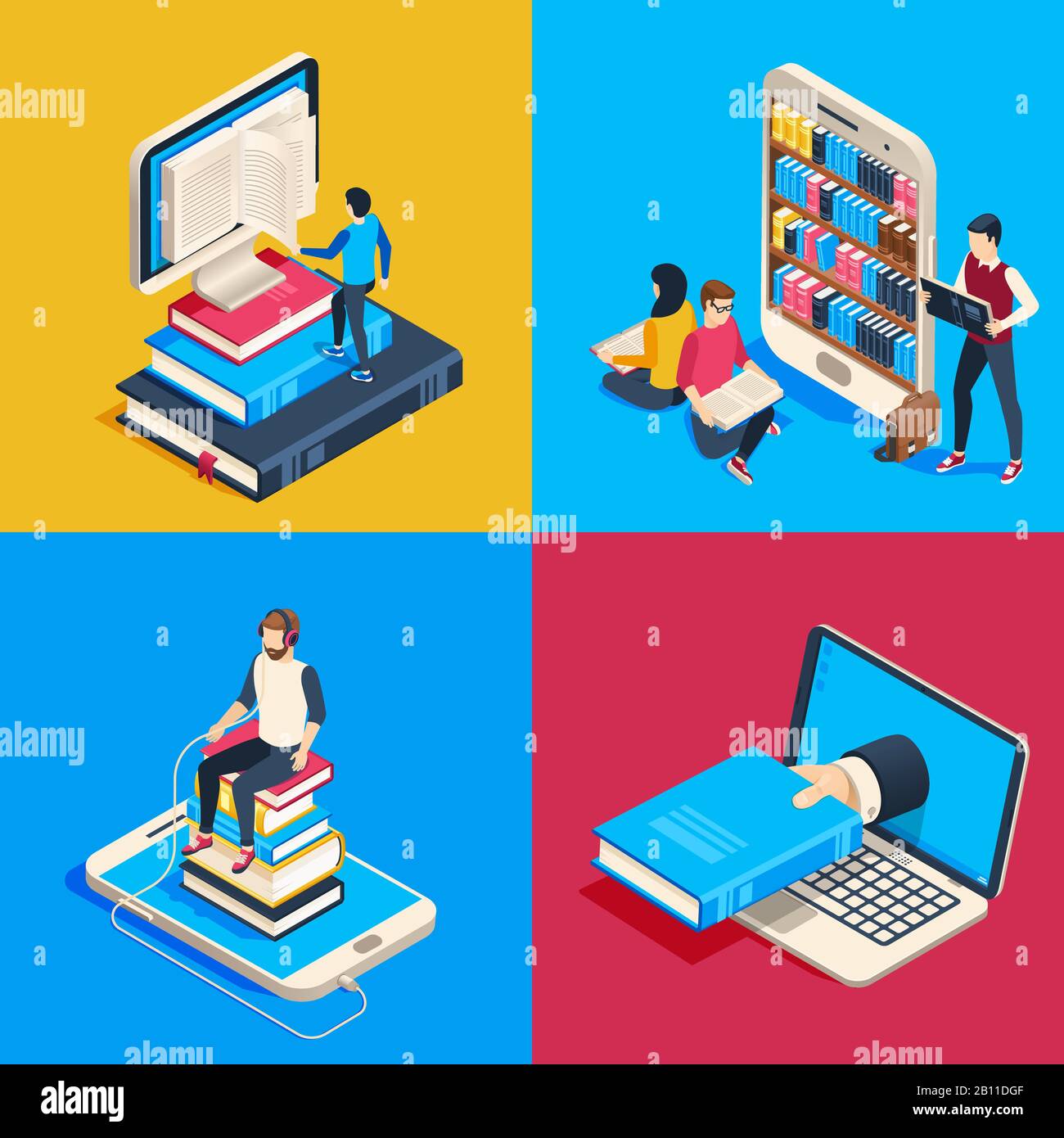 Isometric Online Library Students Reading Books On Smartphone