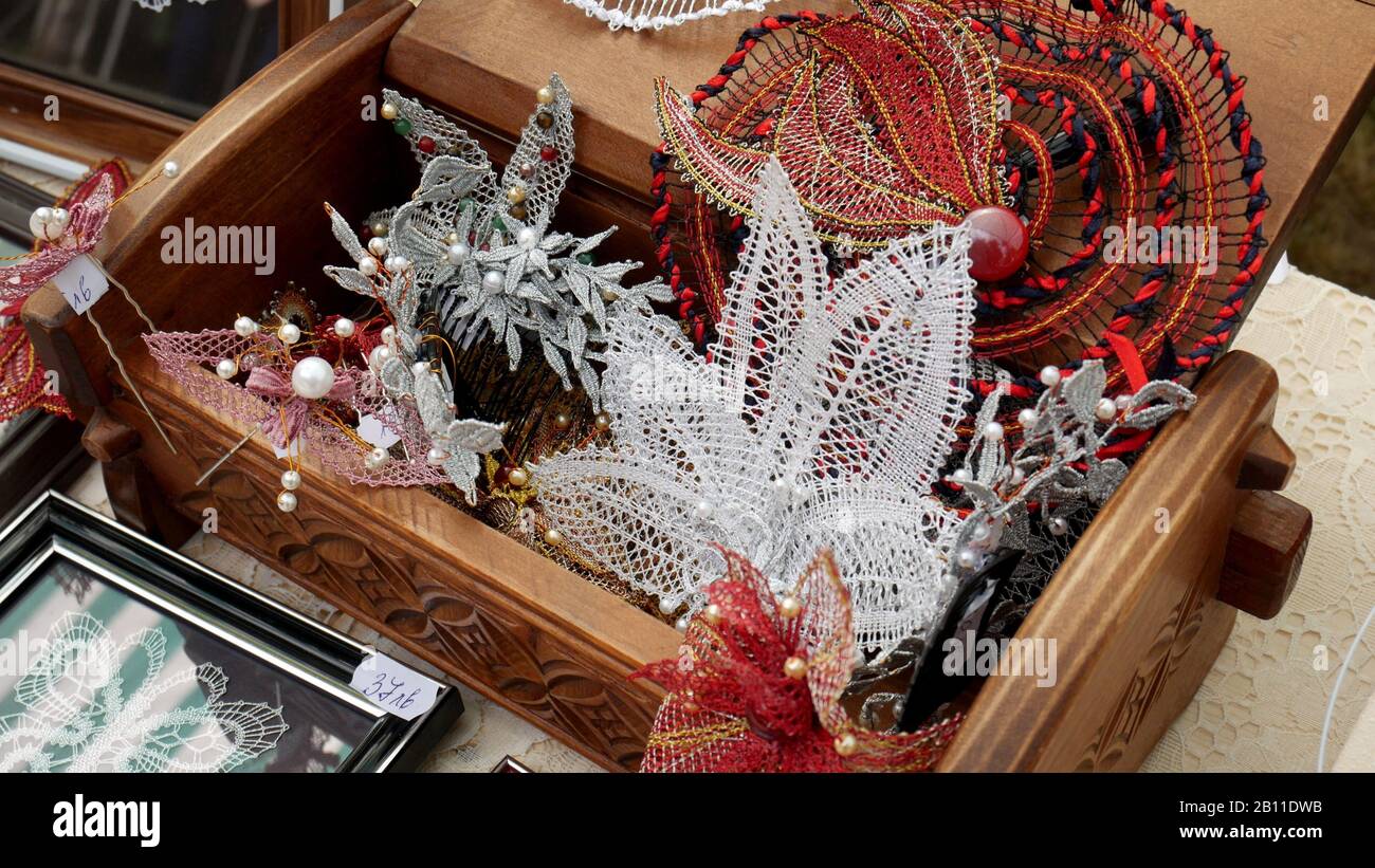 Ethnographic Open Air Museum 'Etar' - Gabrovo, Bulgaria. September 06, 2019 - XVII International Fair of Traditional Crafts. Box with handmade lace fo Stock Photo