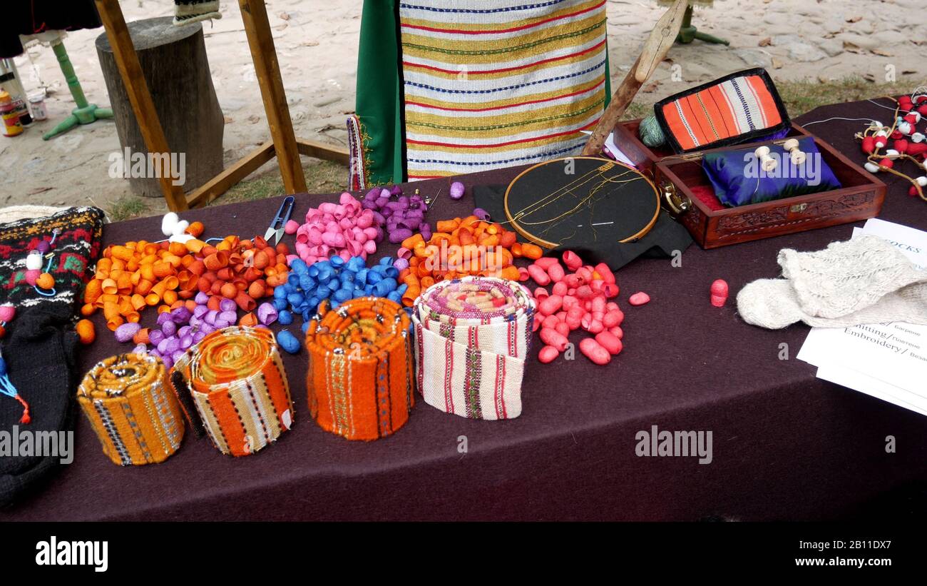 Ethnographic Open Air Museum 'Etar' - Gabrovo, Bulgaria. September 06, 2019 - XVII International Fair of Traditional Crafts. Stall with colored silkwo Stock Photo