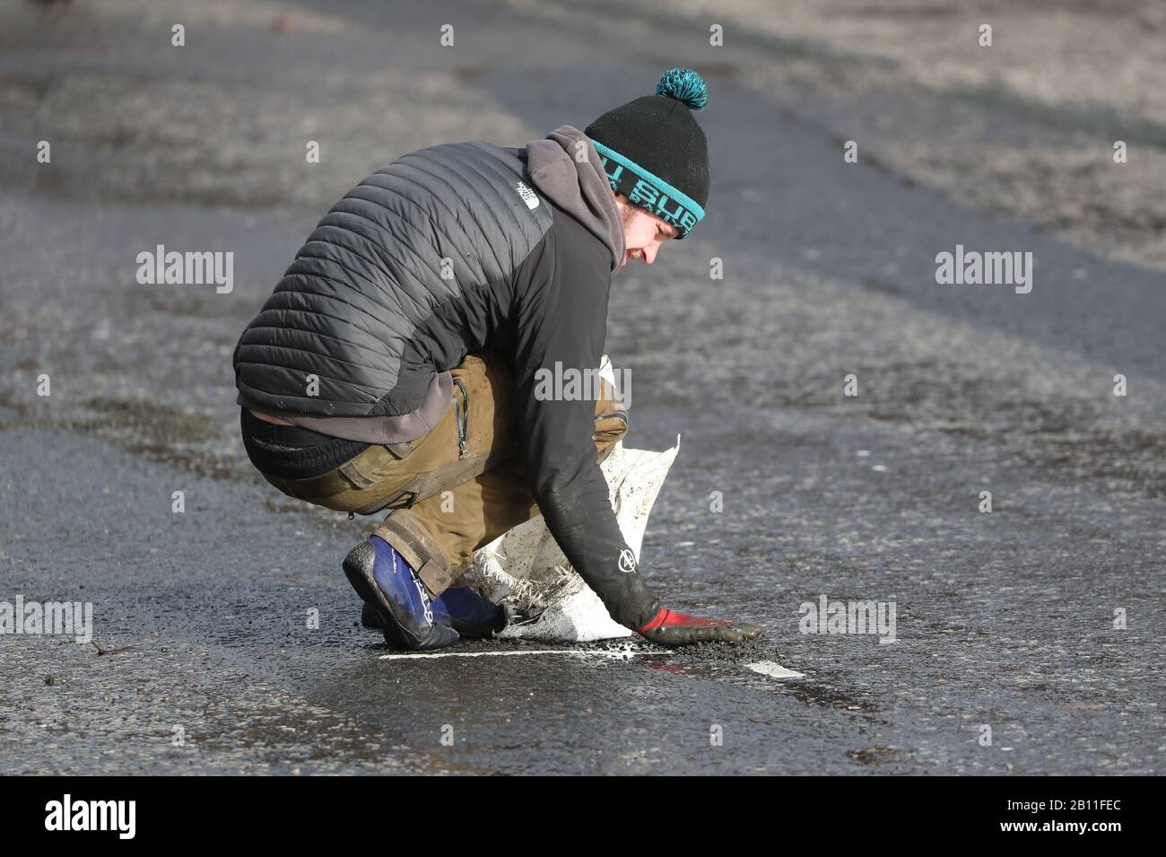 British road markers are covered up during filming in Glasgow for a new
