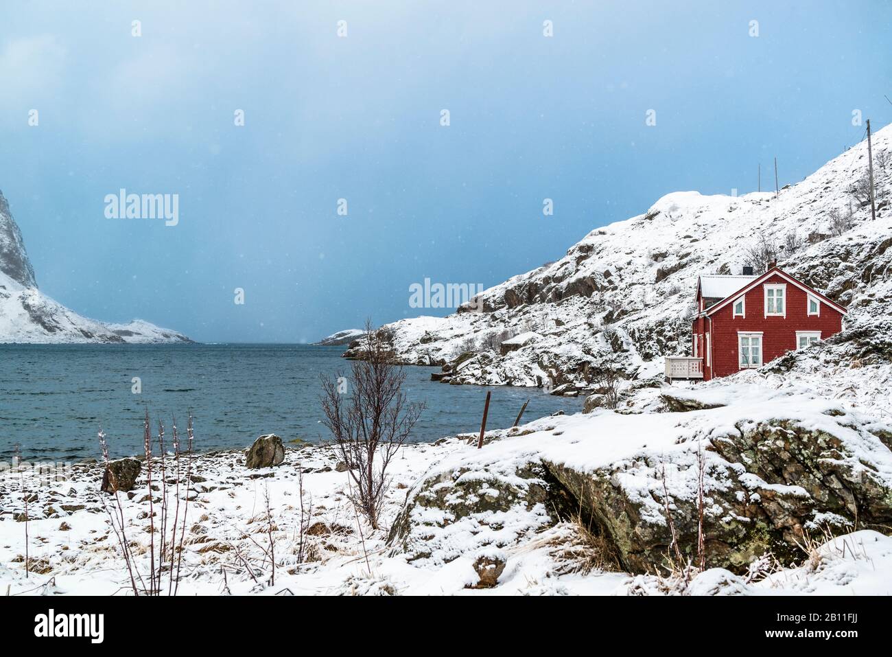 Fishermen's cabins in Straume Bay, Vesterålen, Norway Stock Photo