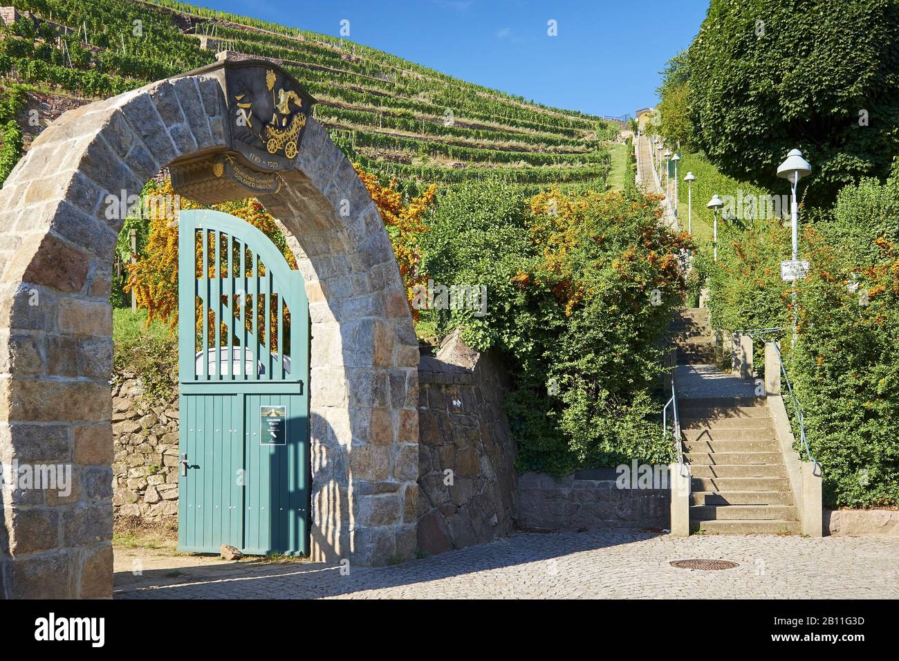 Spitzshausreppe with gate to the Goldener Wagen winery, Radebeul, Saxony, Germany Stock Photo