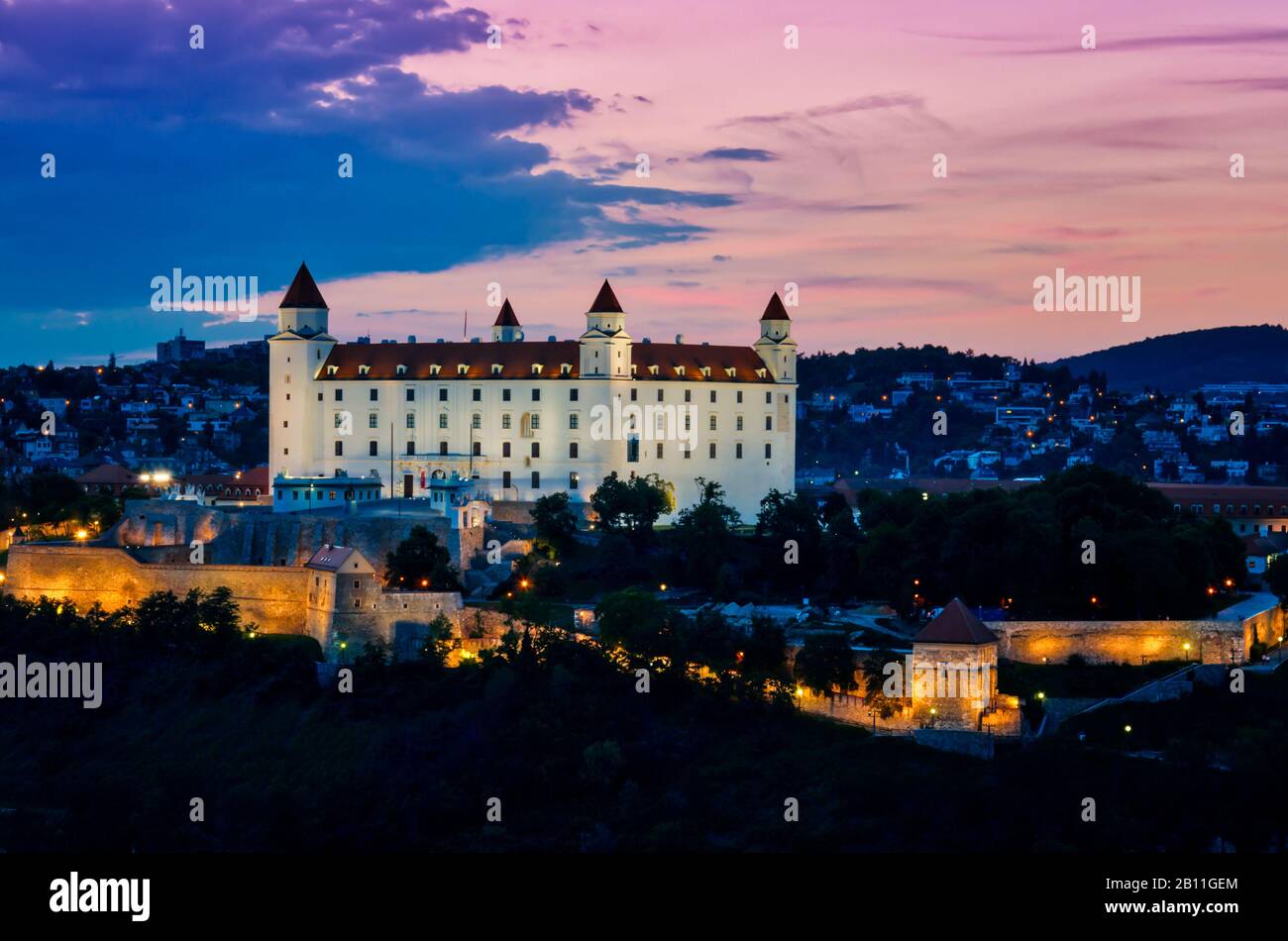 Bratislava Castle at night. City panorama with night illumination Stock Photo