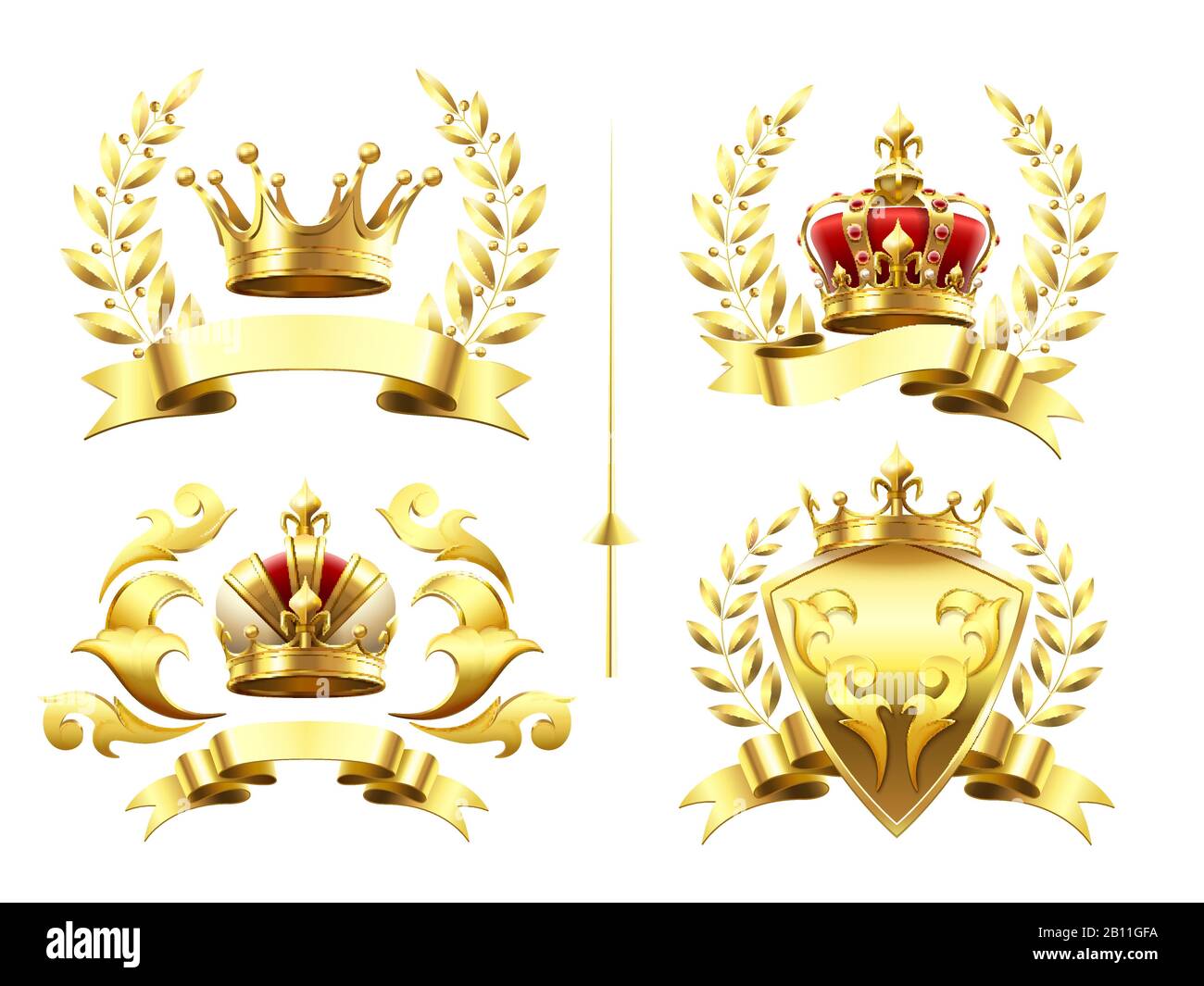 Realistic heraldic emblems. Insignia with golden crown, gold crowning medal and emblem with royal crowns on shields 3d vector set Stock Vector