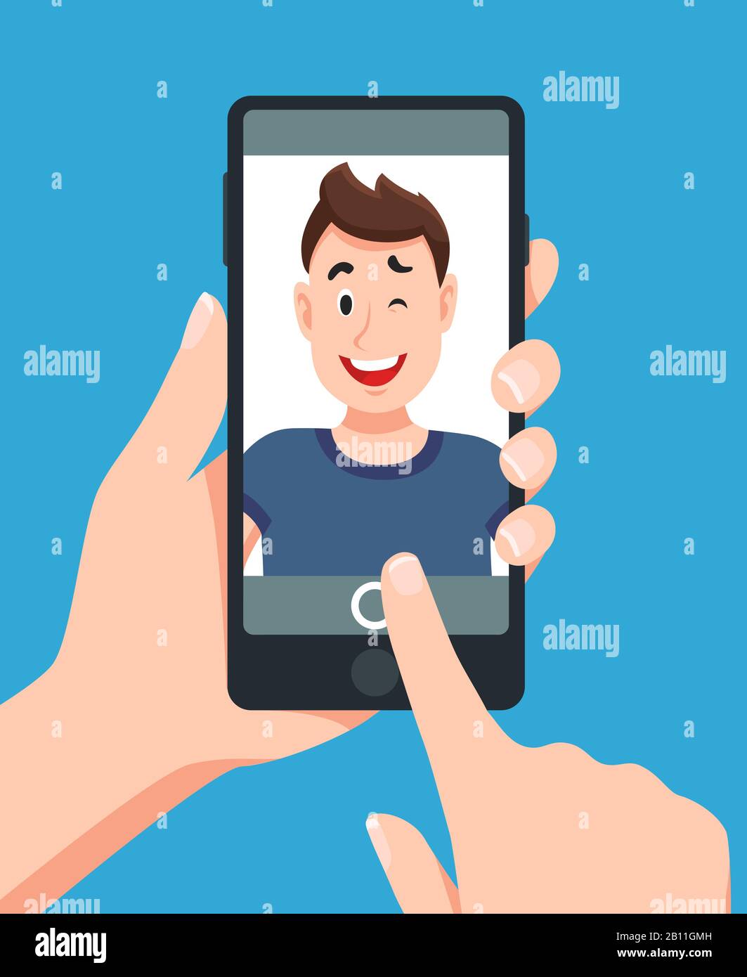 Man taking smartphone selfie portrait. Touching telephone photo cartoon vector illustration Stock Vector