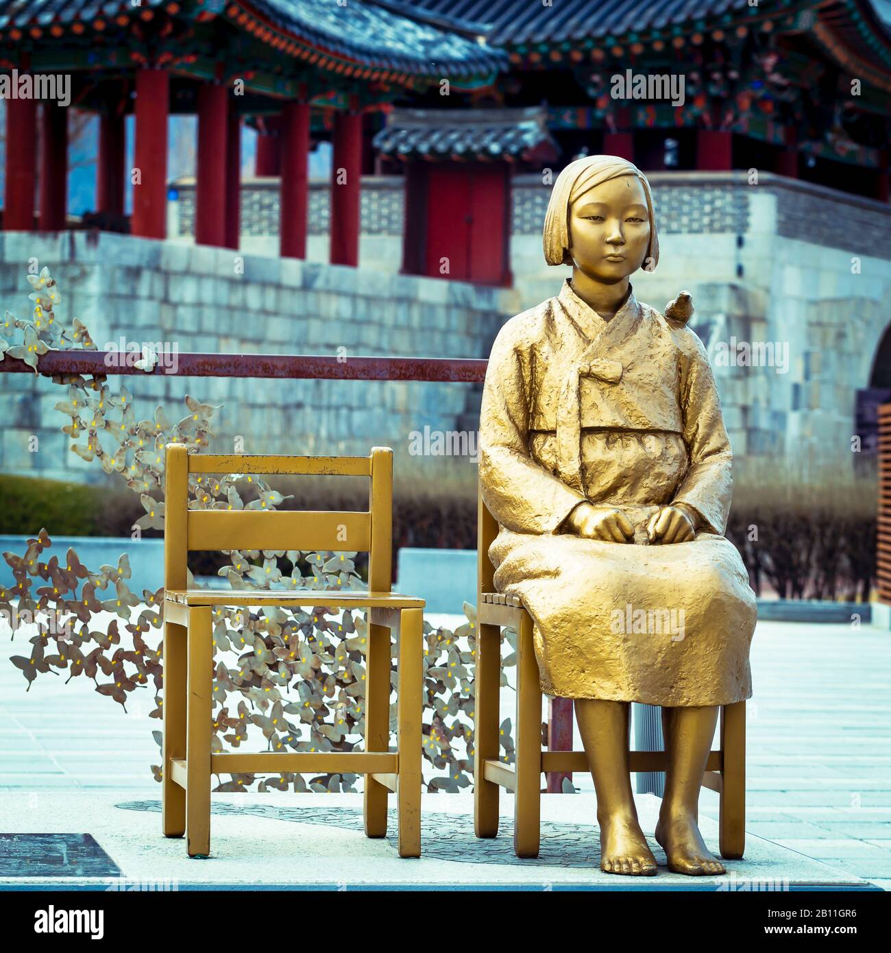 This statue is locate in a plaza just beside Pungnammun Gate, Nambu Market, and across Jeonju. Stock Photo